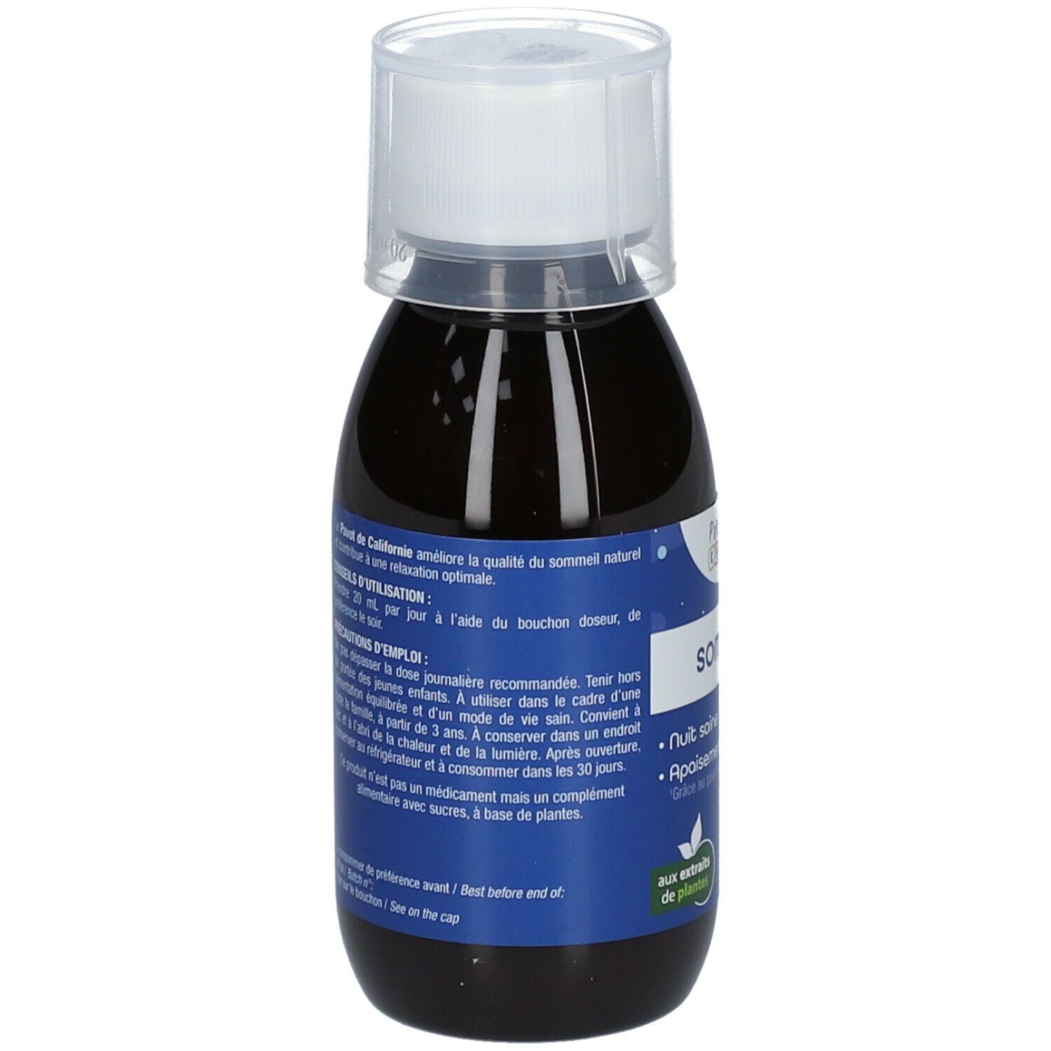 Bouteille de liquide avec bouchon blanc. Inscription: SOMMEIL, Petit Chêne®. Texte sur l'utilisation et les ingrédients.