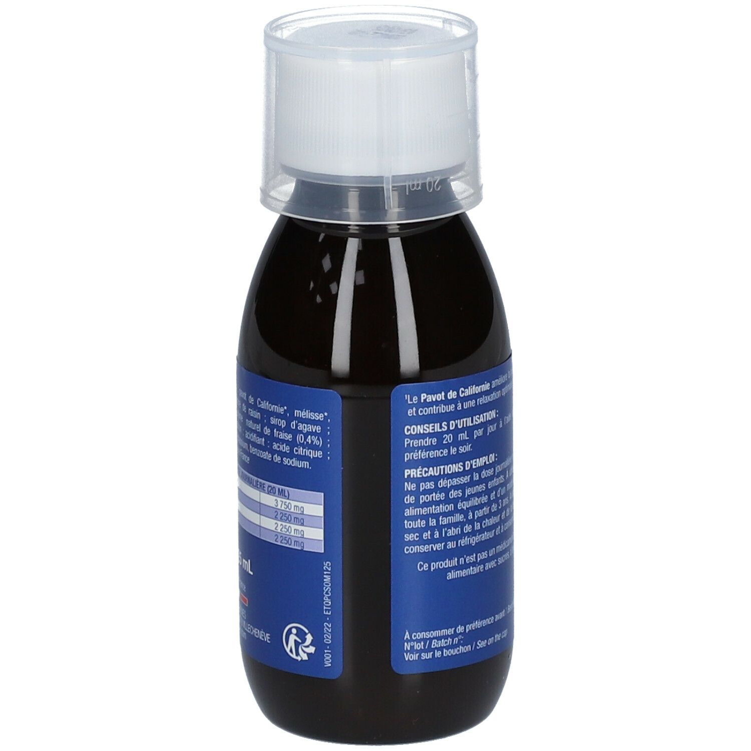 Bouteille de liquide avec bouchon blanc. Inscription: SOMMEIL, Petit Chêne®. Texte sur ingrédients et utilisation.