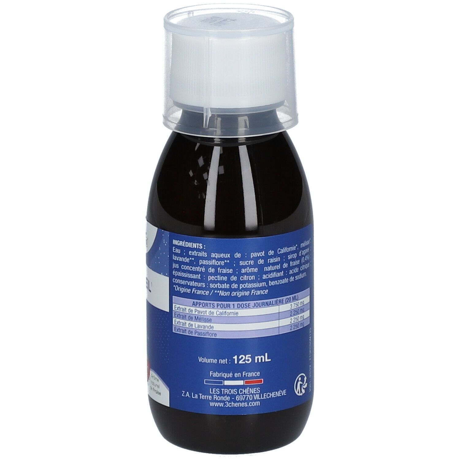 Bouteille de liquide avec bouchon blanc. Inscription: SOMMEIL, Petit Chêne®. Volume: 125 ml. Ingrédients.