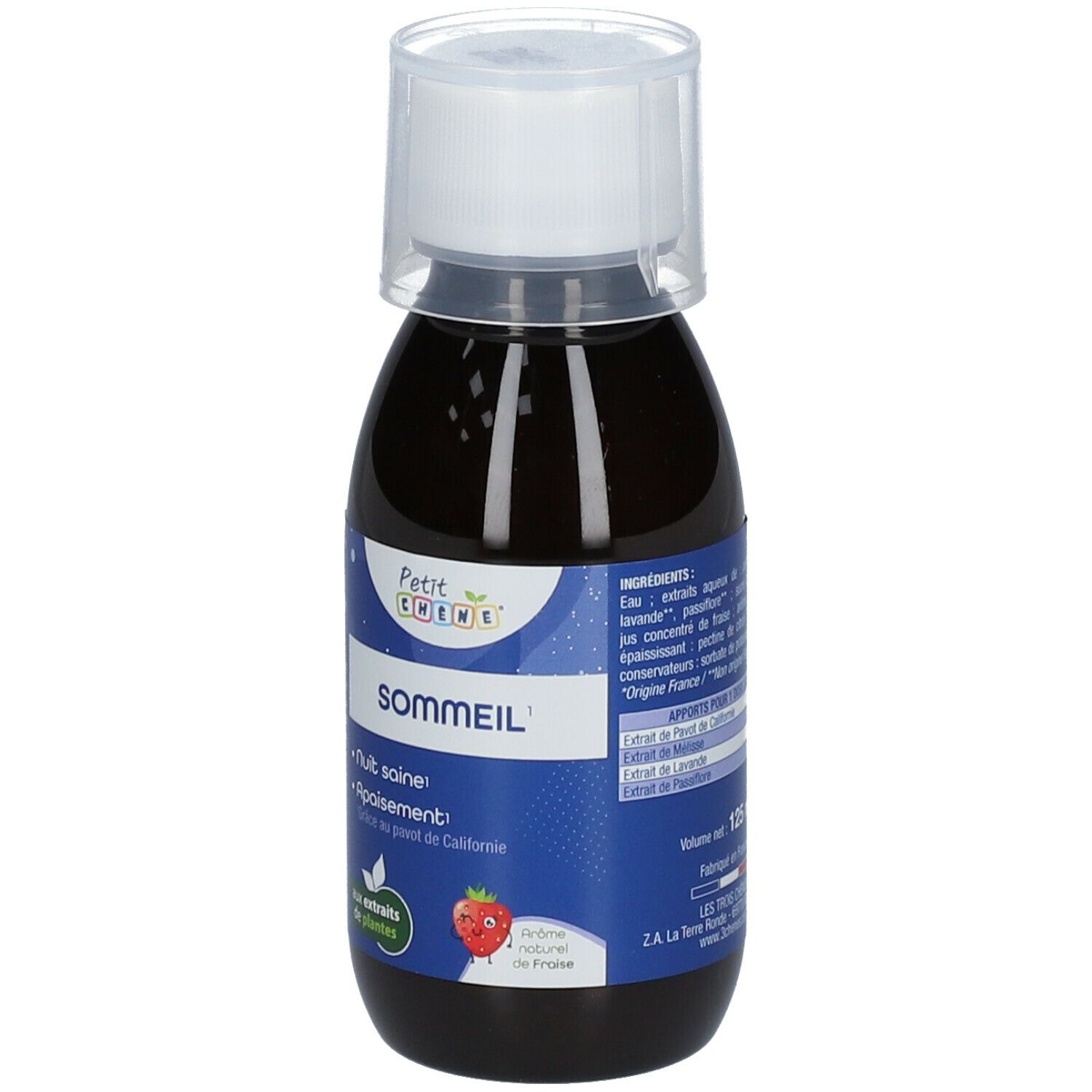 Bouteille de liquide avec bouchon blanc. Inscription: Petit Chêne® SOMMEIL. Illustration de fraise.