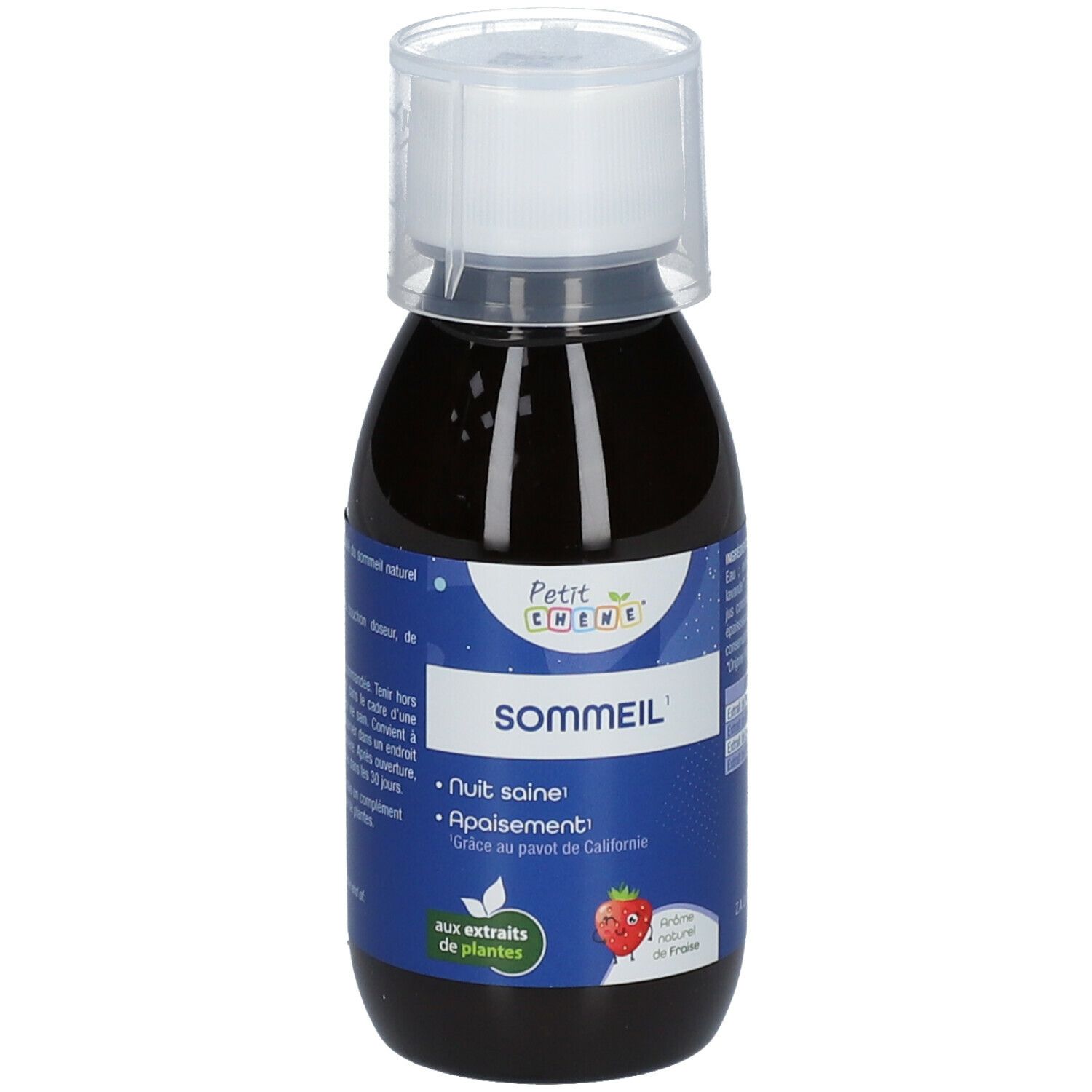 Bouteille de liquide avec bouchon blanc. Inscription: Petit Chêne® SOMMEIL. Illustration de fraise.