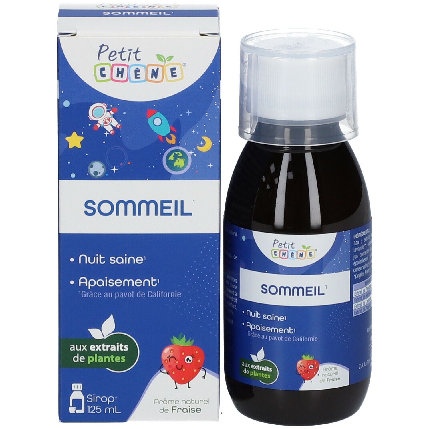 Emballage et bouteille. Inscription: Petit Chêne® SOMMEIL. Illustration de fraise. 125 ml.