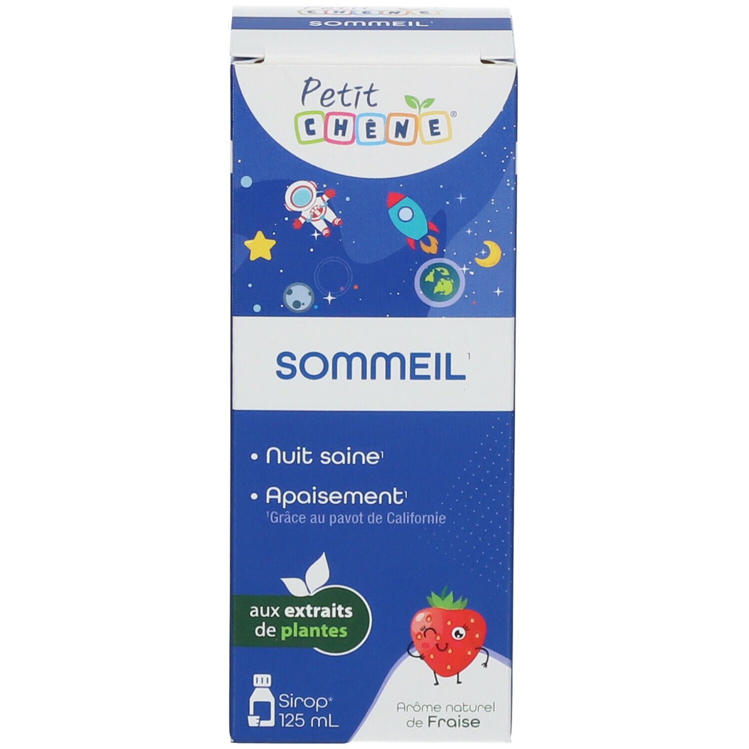 Emballage du produit. Inscription: Petit Chêne® SOMMEIL. Illustration de fraise. 125 ml.