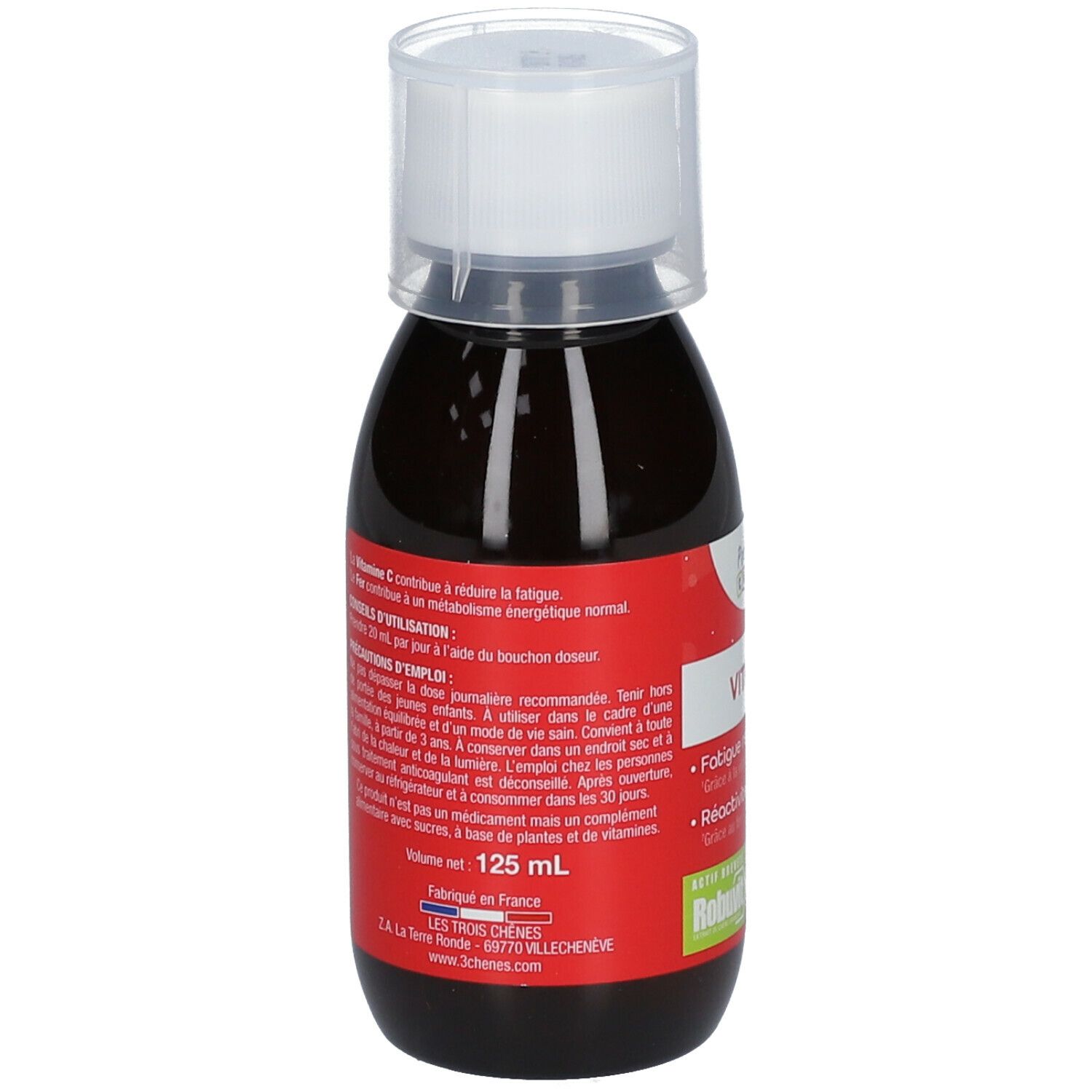 Liquide brun en bouteille avec bouchon blanc. Étiquette rouge avec texte et informations. Volume: 125 ml.
