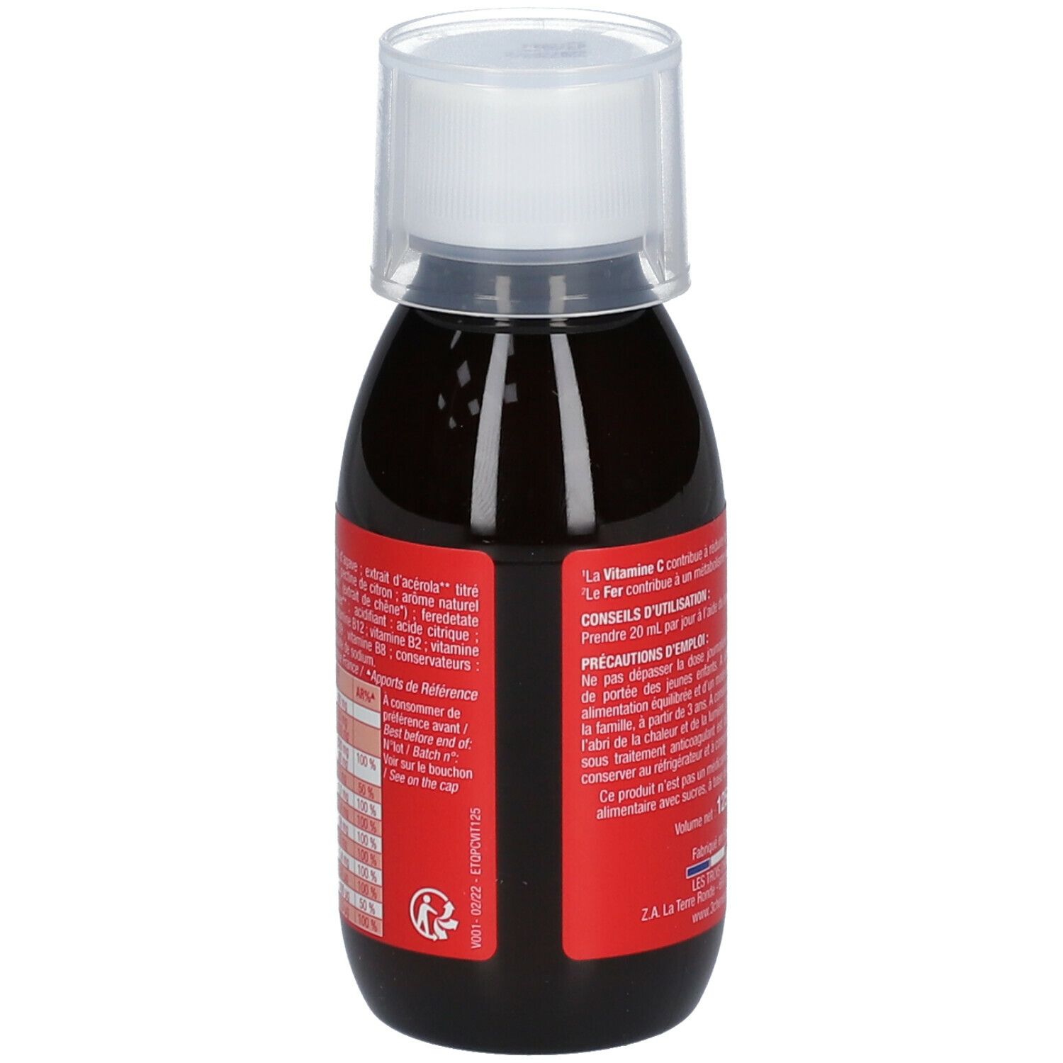 Liquide brun en bouteille avec bouchon blanc. Étiquette rouge avec texte et ingrédients. Informations d'utilisation.