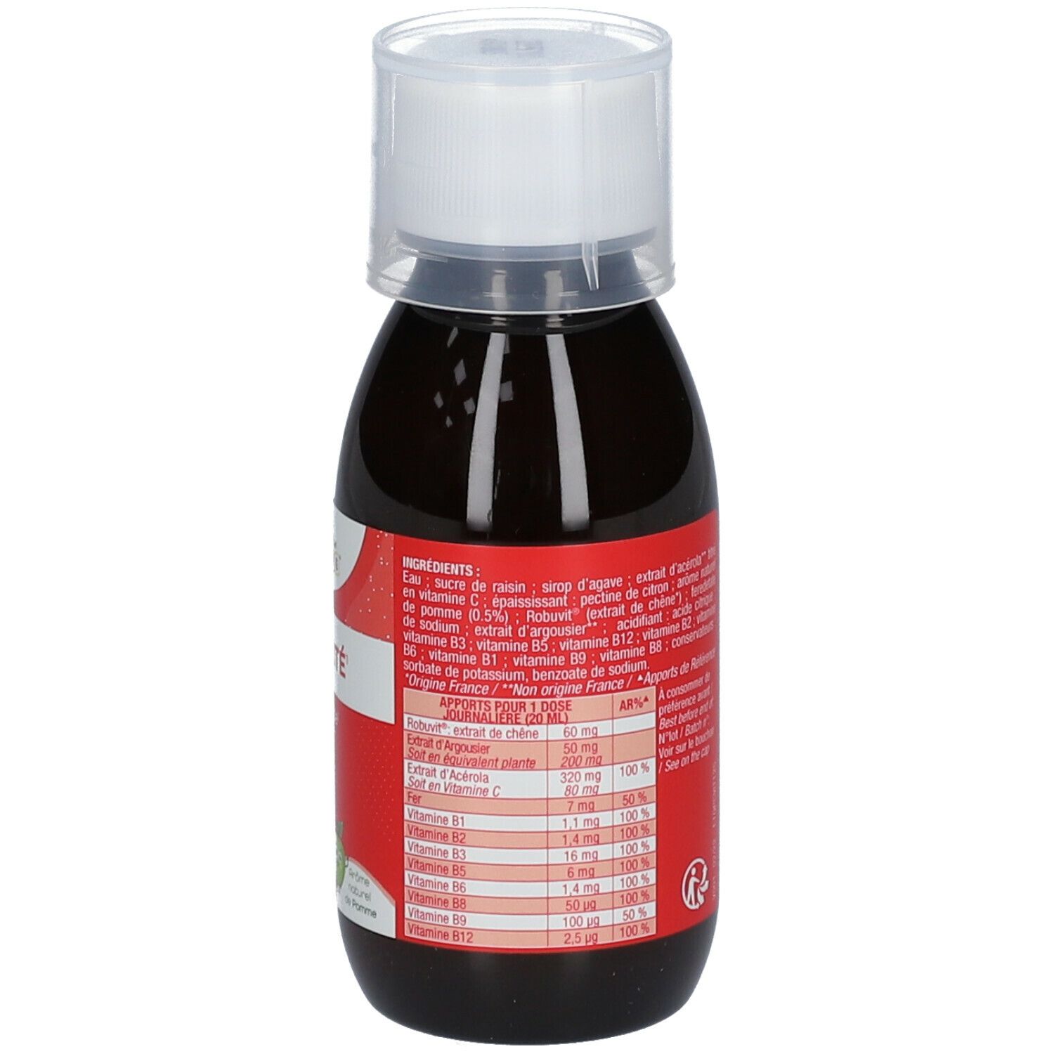 Liquide brun en bouteille avec bouchon blanc. Étiquette rouge avec ingrédients et informations nutritionnelles.