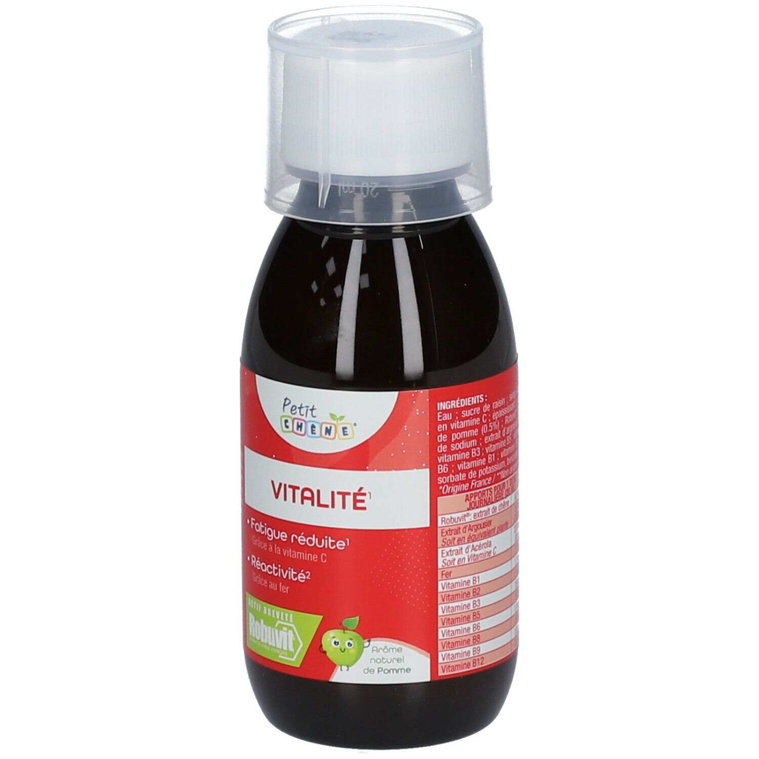 Liquide brun en bouteille avec bouchon blanc. Étiquette rouge avec texte: VITALITÉ, Petit Chêne. Logo de pomme.