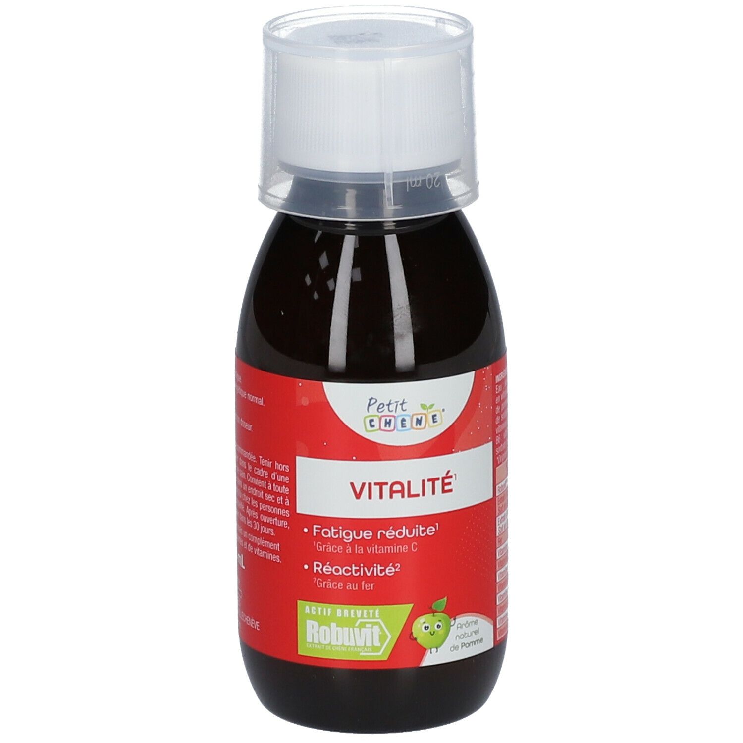 Liquide brun en bouteille avec bouchon blanc. Étiquette rouge avec texte: VITALITÉ, Petit Chêne. Logo de pomme.