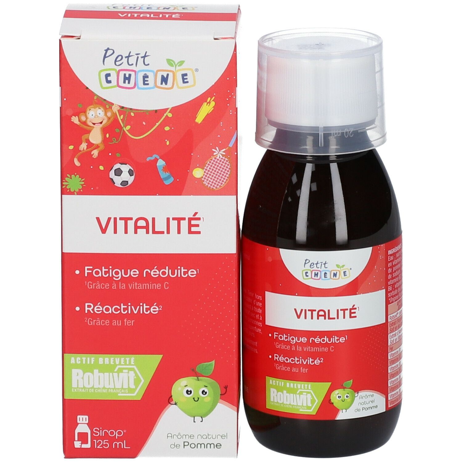 Bouteille et boîte. Bouteille de liquide brun, bouchon blanc. Boîte avec texte: VITALITÉ, Petit Chêne. Logo de pomme.