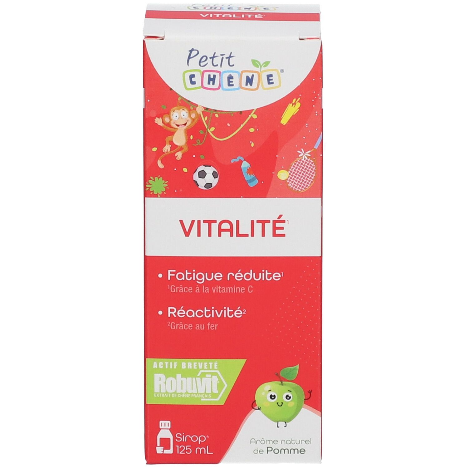 Boîte avec texte: VITALITÉ, Petit Chêne. Logo de pomme. Illustration d'un singe. Volume: 125 ml.