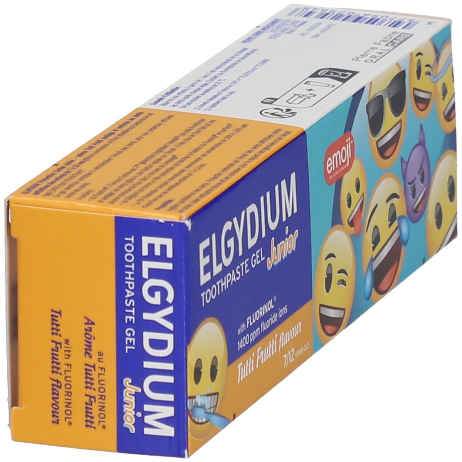 Emballage de gel dentifrice en biais. Boîte bleue et jaune avec nom du produit et motifs emoji.