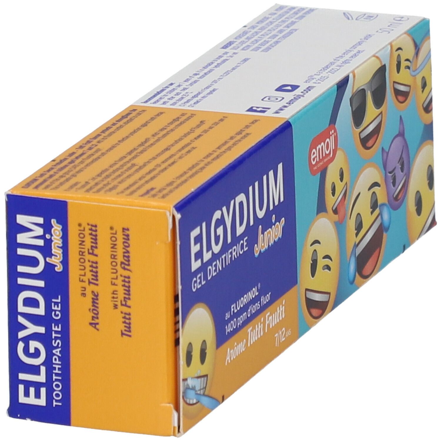 Emballage de gel dentifrice en biais. Boîte bleue et jaune avec nom du produit et motifs emoji.