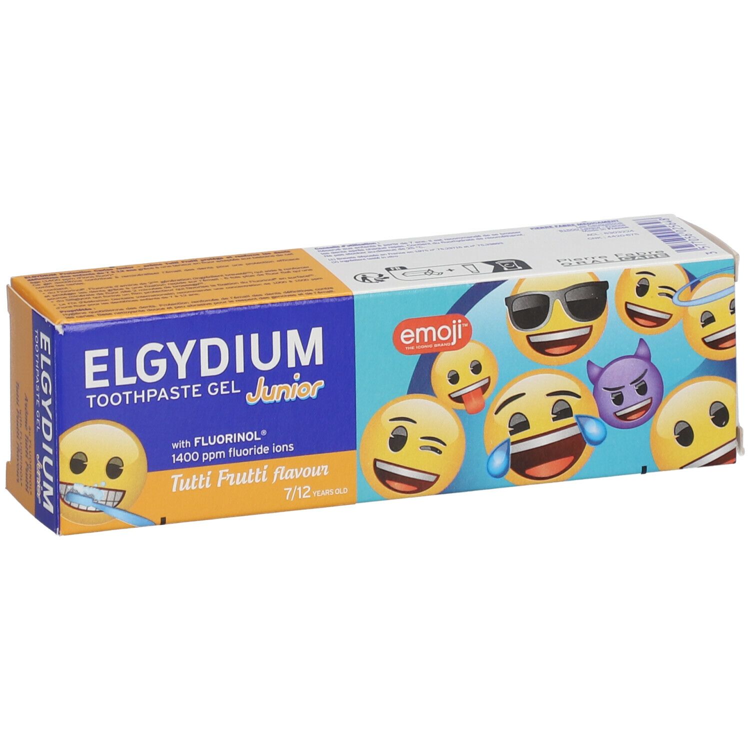 Emballage de gel dentifrice avec motifs emoji. Boîte bleue et jaune avec nom du produit et indication d'âge.