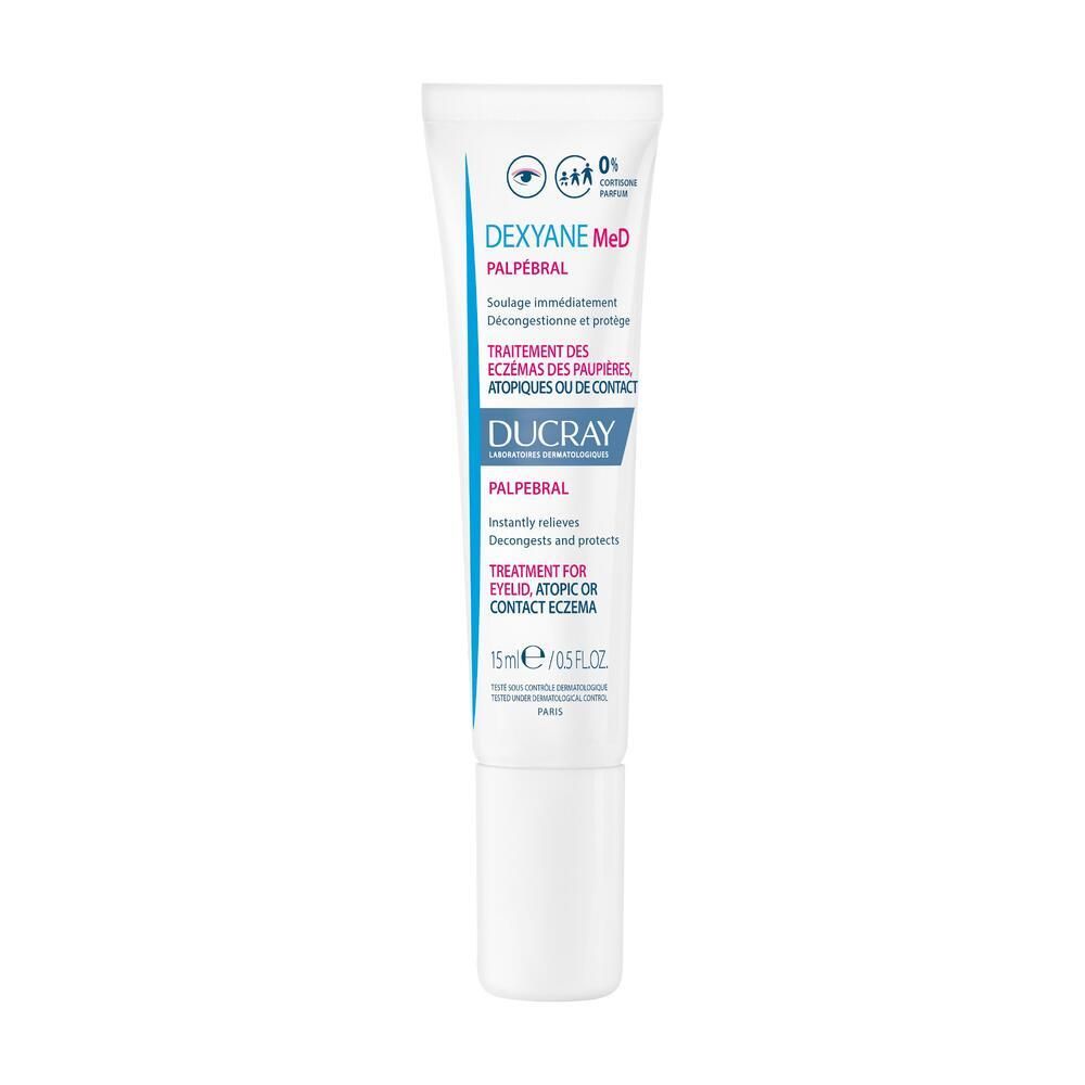 Tube blanc avec texte bleu. Contient DEXYANE MeD Palpébral. 15 ml. Pour paupières.