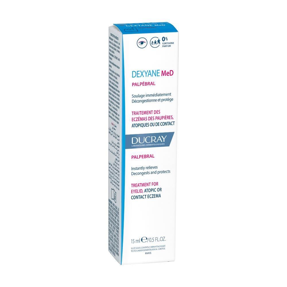 Emballage carton avec DEXYANE MeD Palpébral. 15 ml. Pour paupières. Design bleu et blanc.