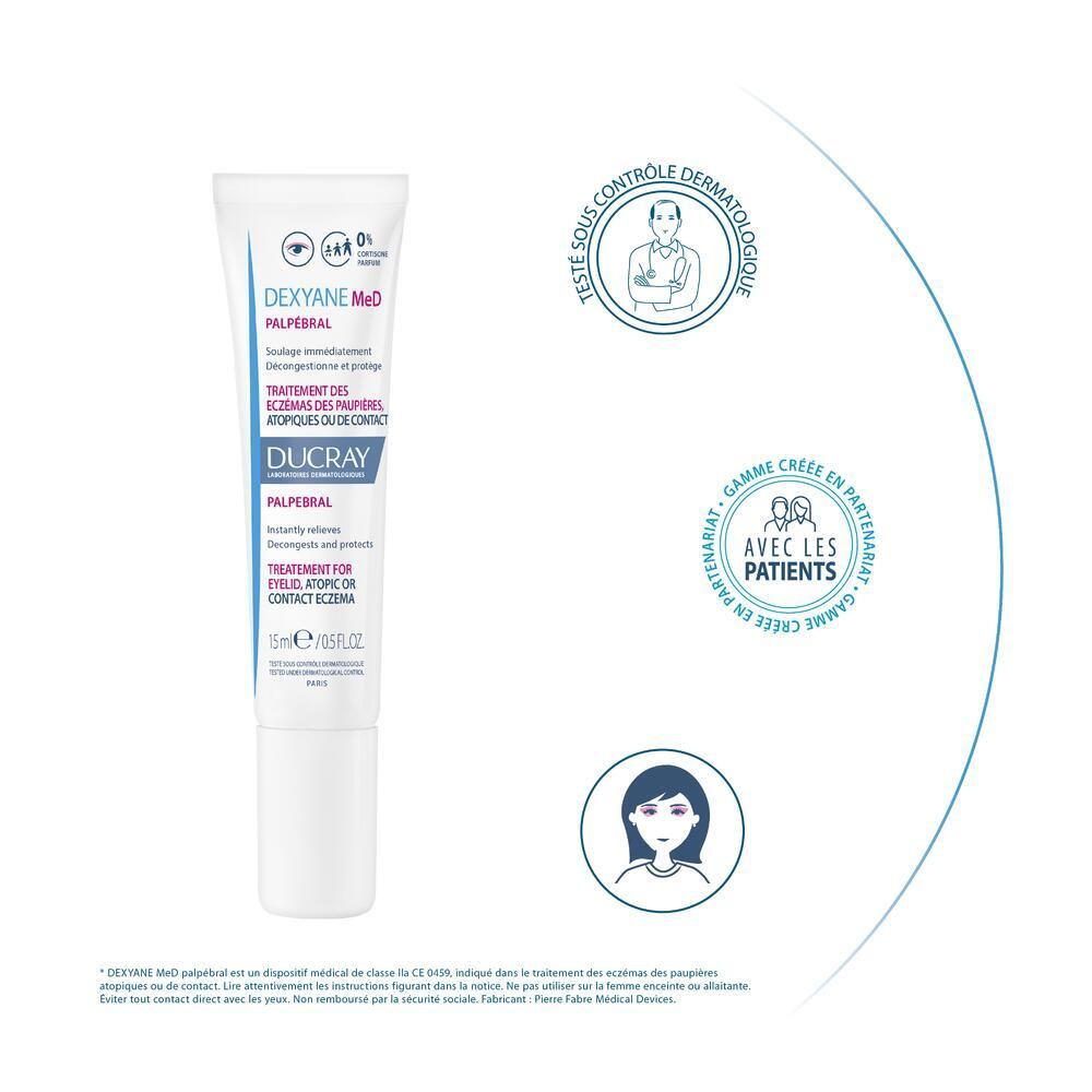 Tube avec DEXYANE MeD Palpébral. Logos : testé dermatologiquement, avec patients, femme.