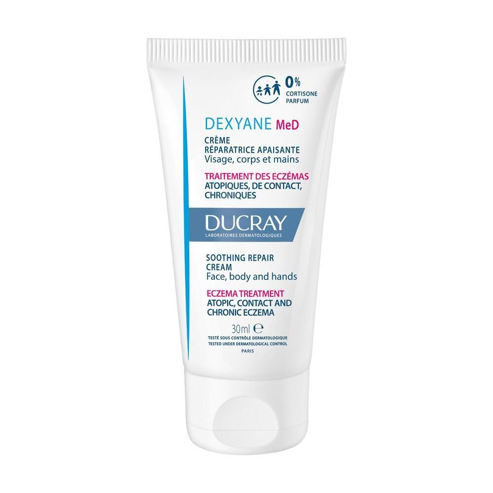 Tube blanc avec texte bleu et rouge. Contient DEXYANE MeD Crème réparatrice apaisante. 30ml.