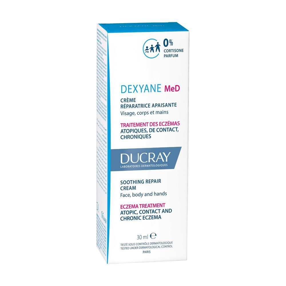 Boîte avec texte bleu et rouge. Contient DEXYANE MeD Crème réparatrice apaisante. 30ml.