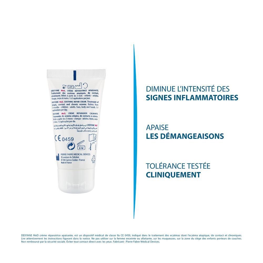 Dos du tube avec texte. Contient des informations sur DEXYANE MeD Crème réparatrice apaisante.