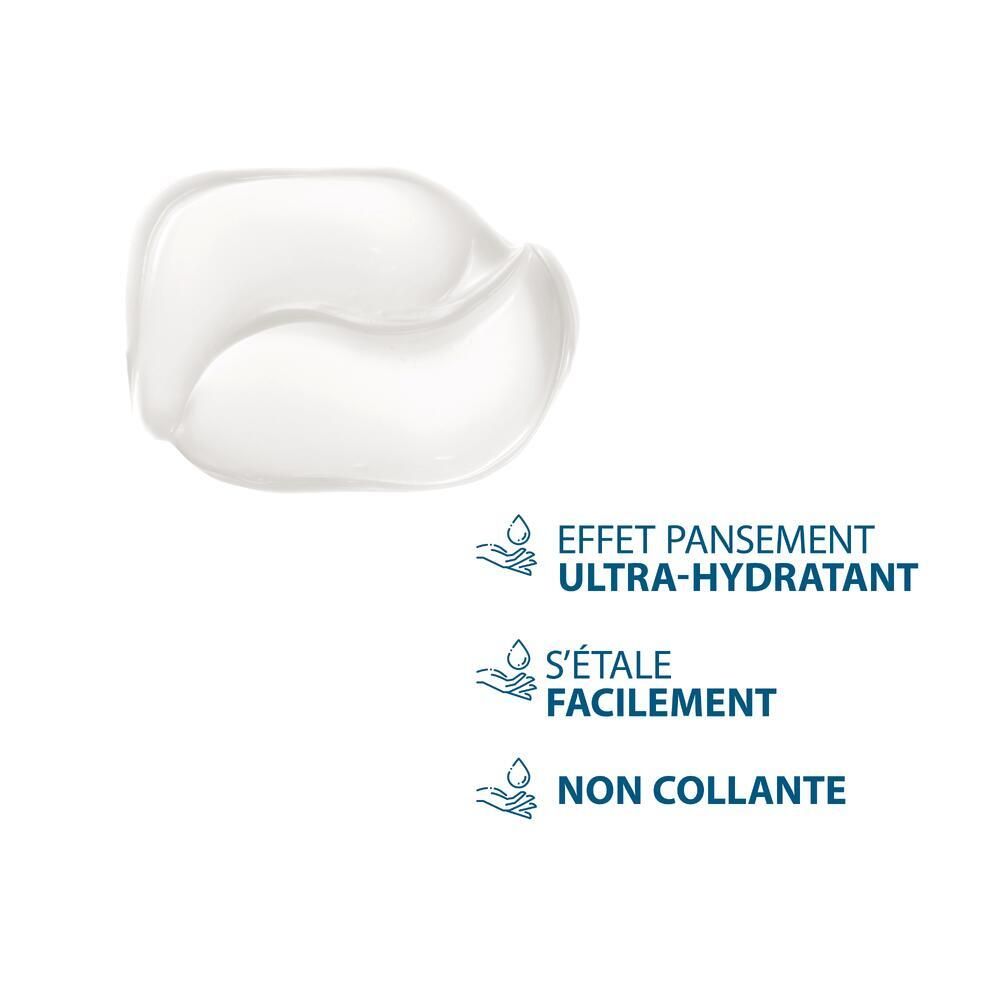 Gel crème blanc. Texte: Ultra-hydratant, s'étale facilement, non collant.