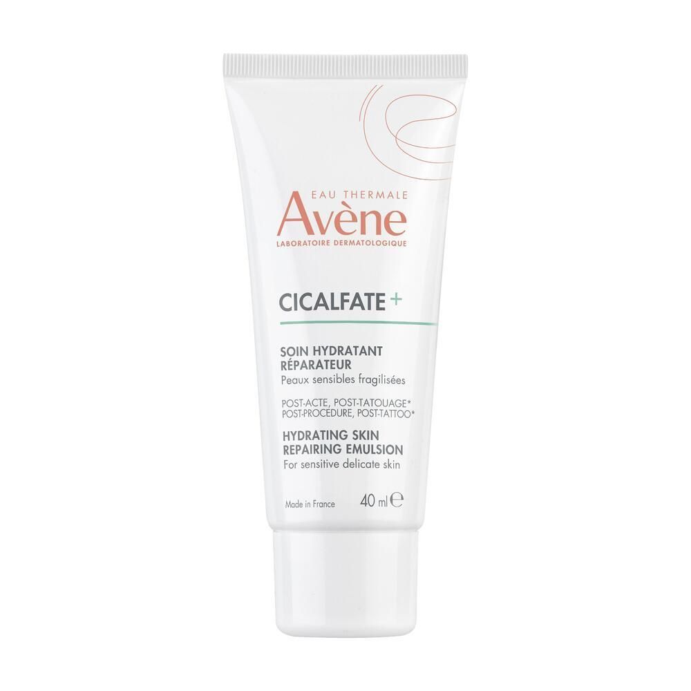 Tube blanc Avène Cicalfate+ 40 ml. Texte: Hydratant réparateur, peaux fragilisées. Fabriqué en France.