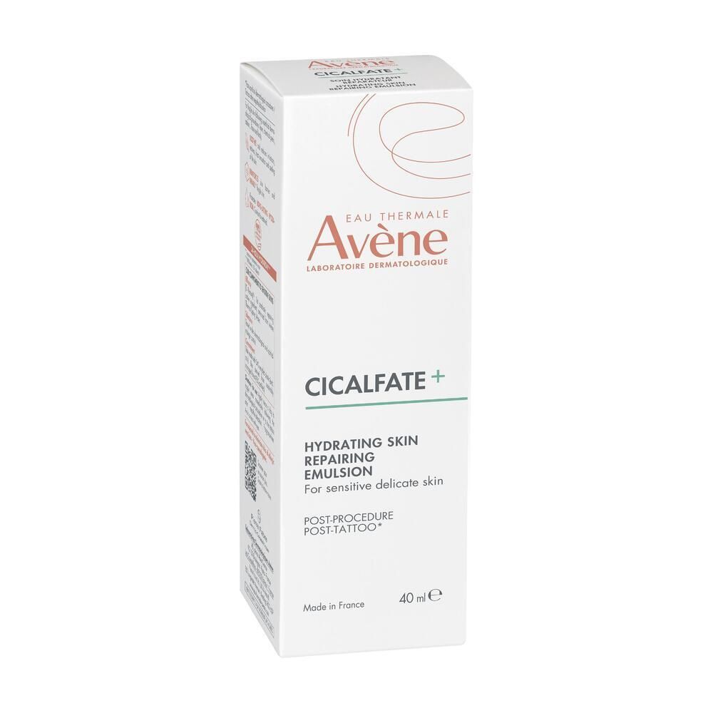 Boîte blanche Avène Cicalfate+ 40 ml. Texte: Hydratant réparateur, peaux fragilisées. Fabriqué en France.
