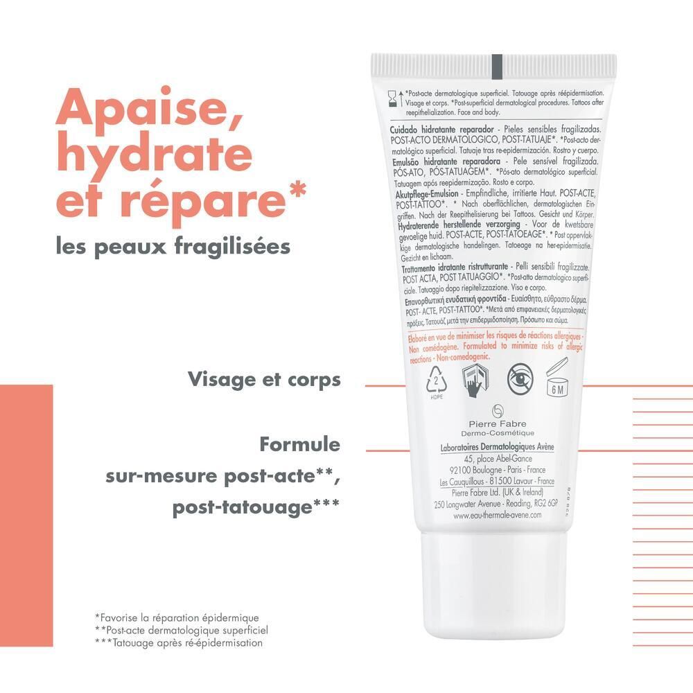 Dos du tube. Texte: Apaise, hydrate et répare. Visage et corps. Formule post-acte, post-tatouage.