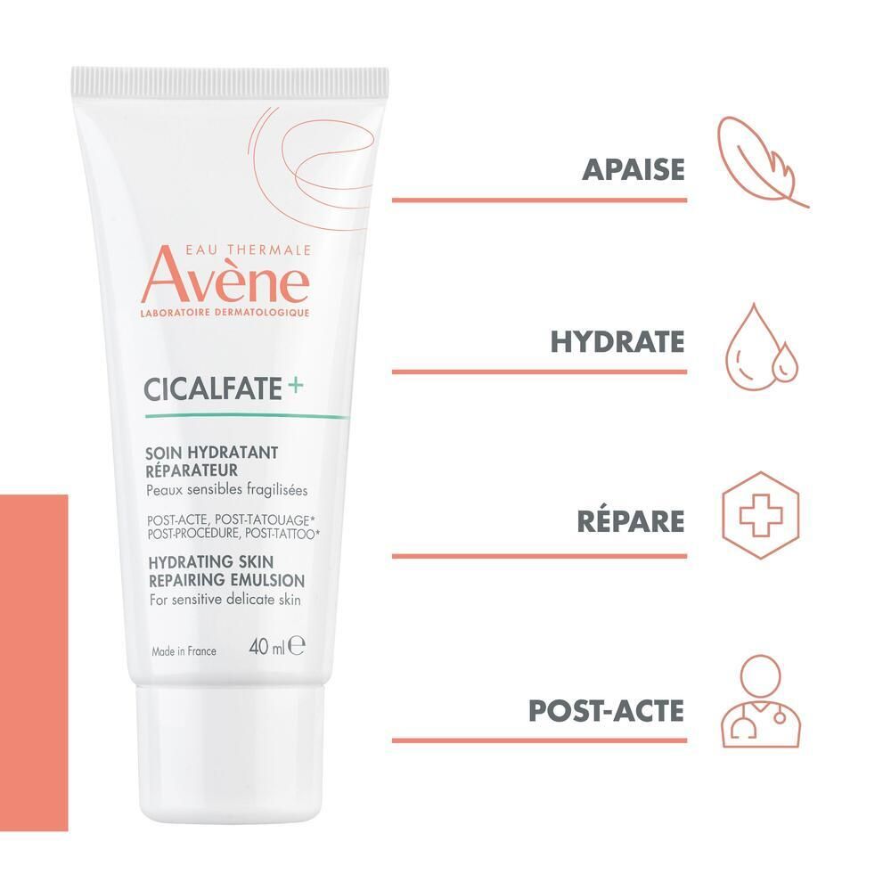 Tube blanc Avène Cicalfate+. Texte: Hydratant réparateur. Représentation graphique des bénéfices.