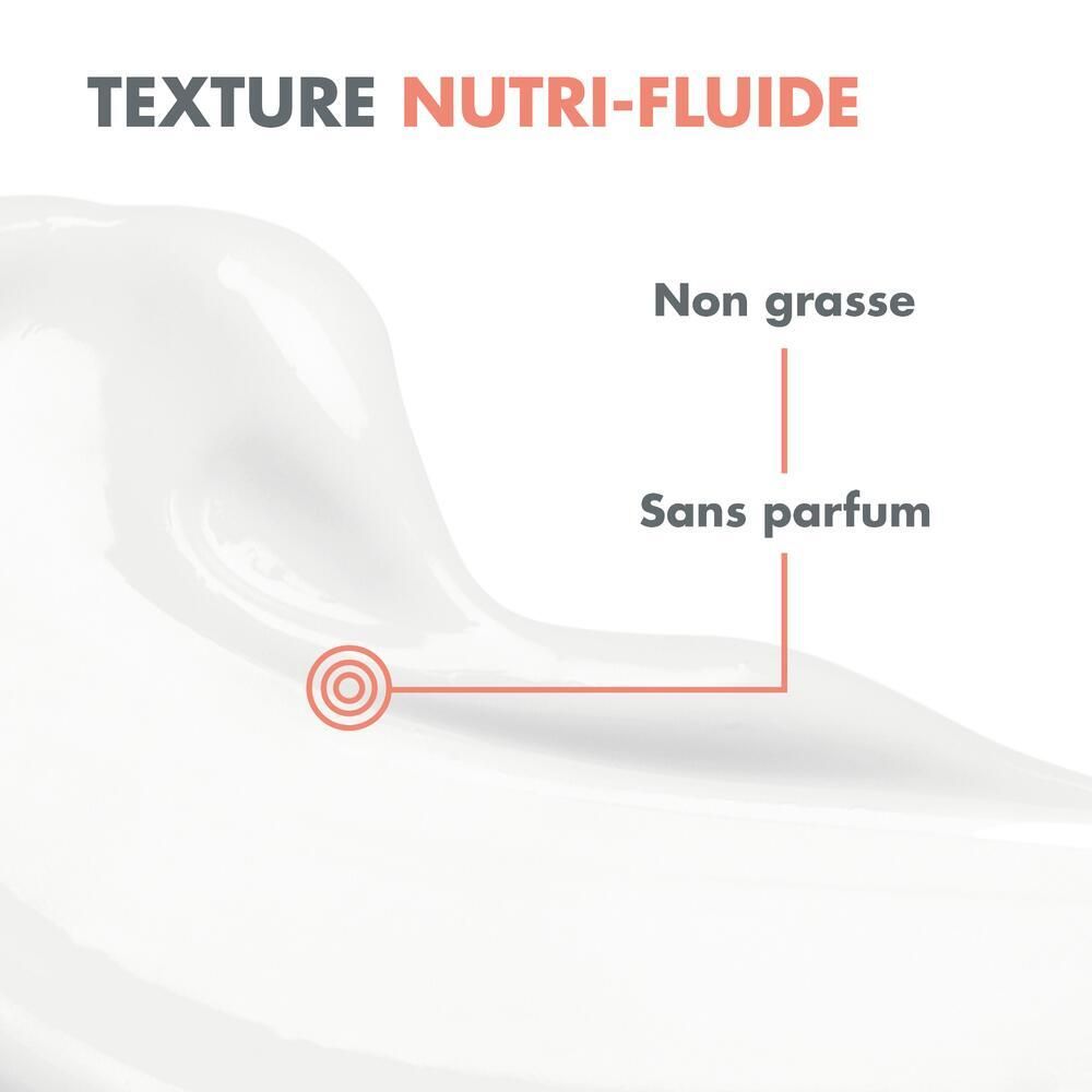 Gros plan d'une crème blanche. Texte: Non gras, sans parfum.