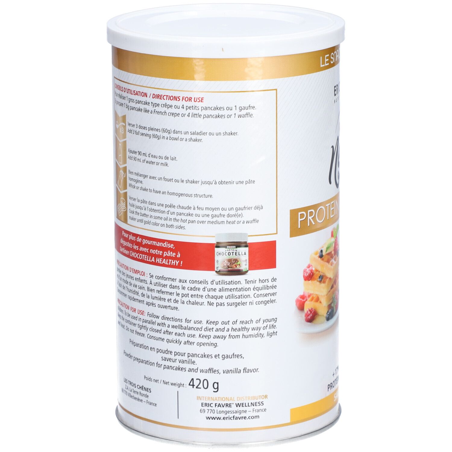 Dos de la boîte "Need's Protein Pancakes". Texte: préparation, ingrédients, valeurs nutritionnelles. Image de crêpes.