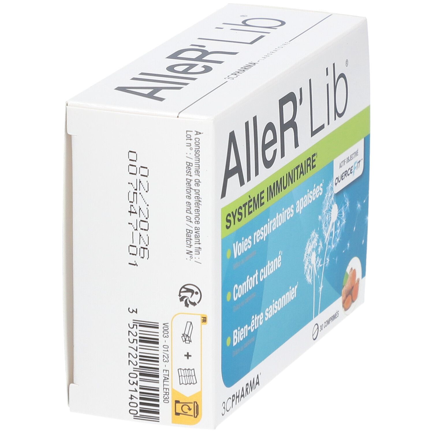 Boîte blanche en biais avec nom du produit et 'Système immunitaire'. Contient 30 comprimés. Mentions de date.