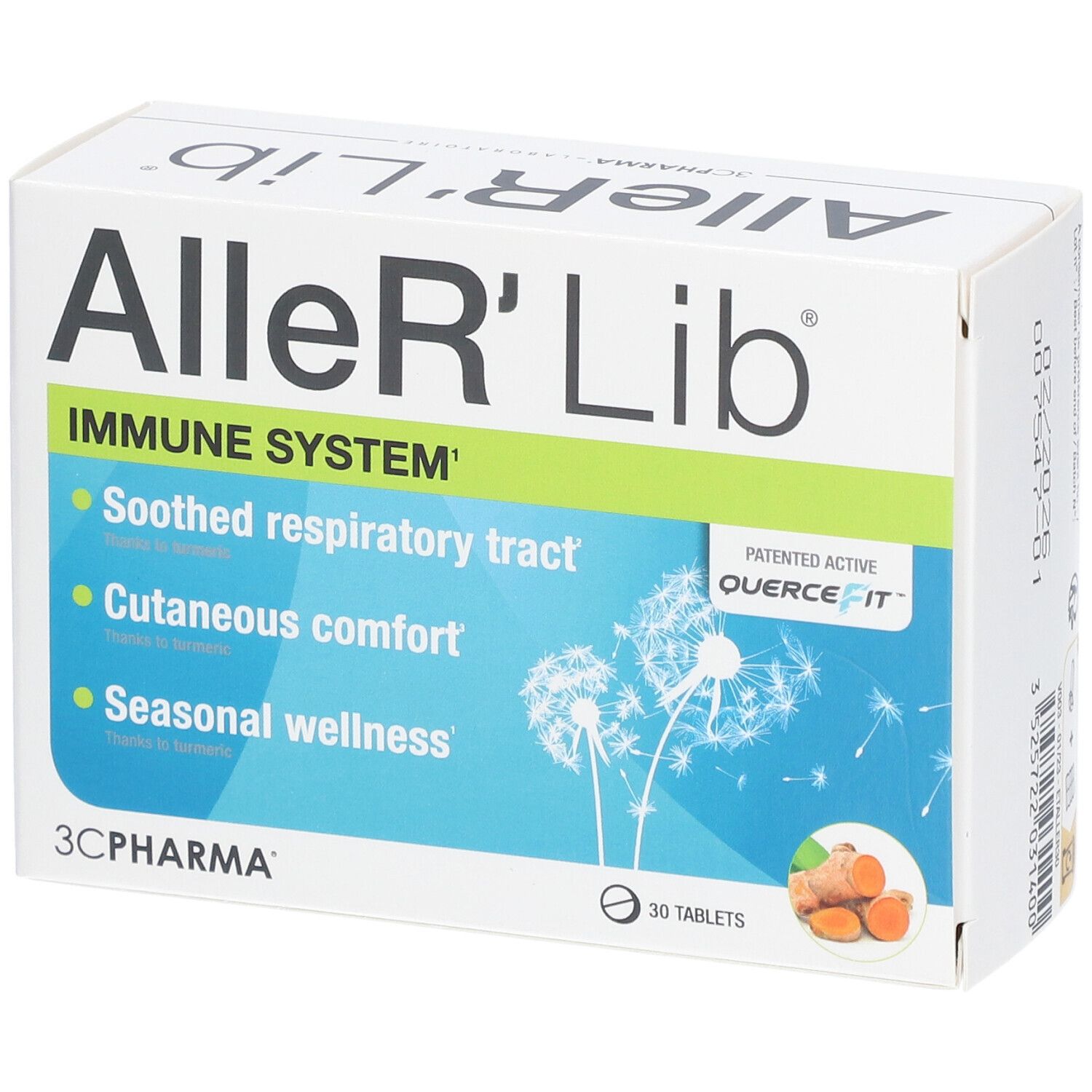 Boîte blanche avec nom du produit et 'IMMUNE SYSTEM'. Contient 30 comprimés. Illustration de gingembre.