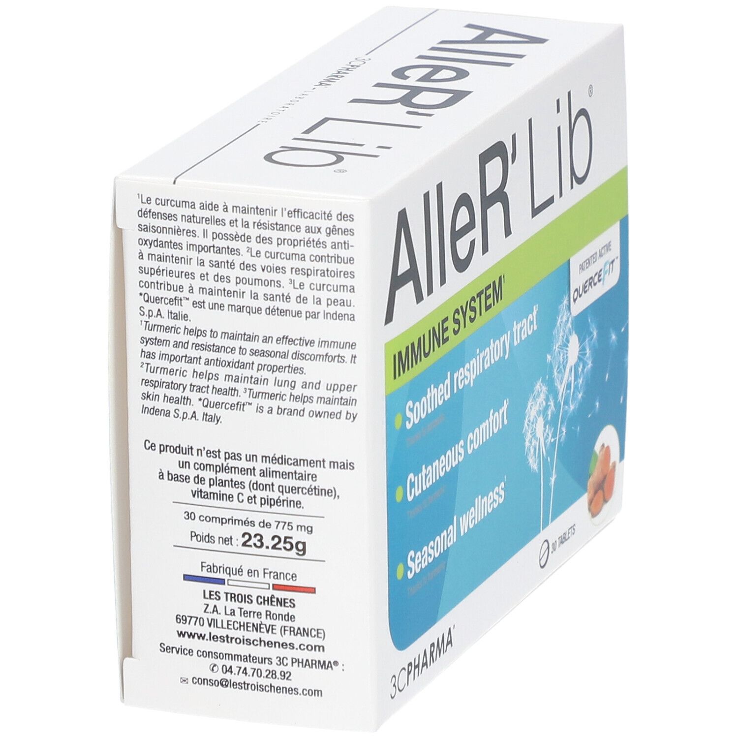 Boîte blanche en biais avec informations produit et 'IMMUNE SYSTEM'. Contient 30 comprimés. Texte.