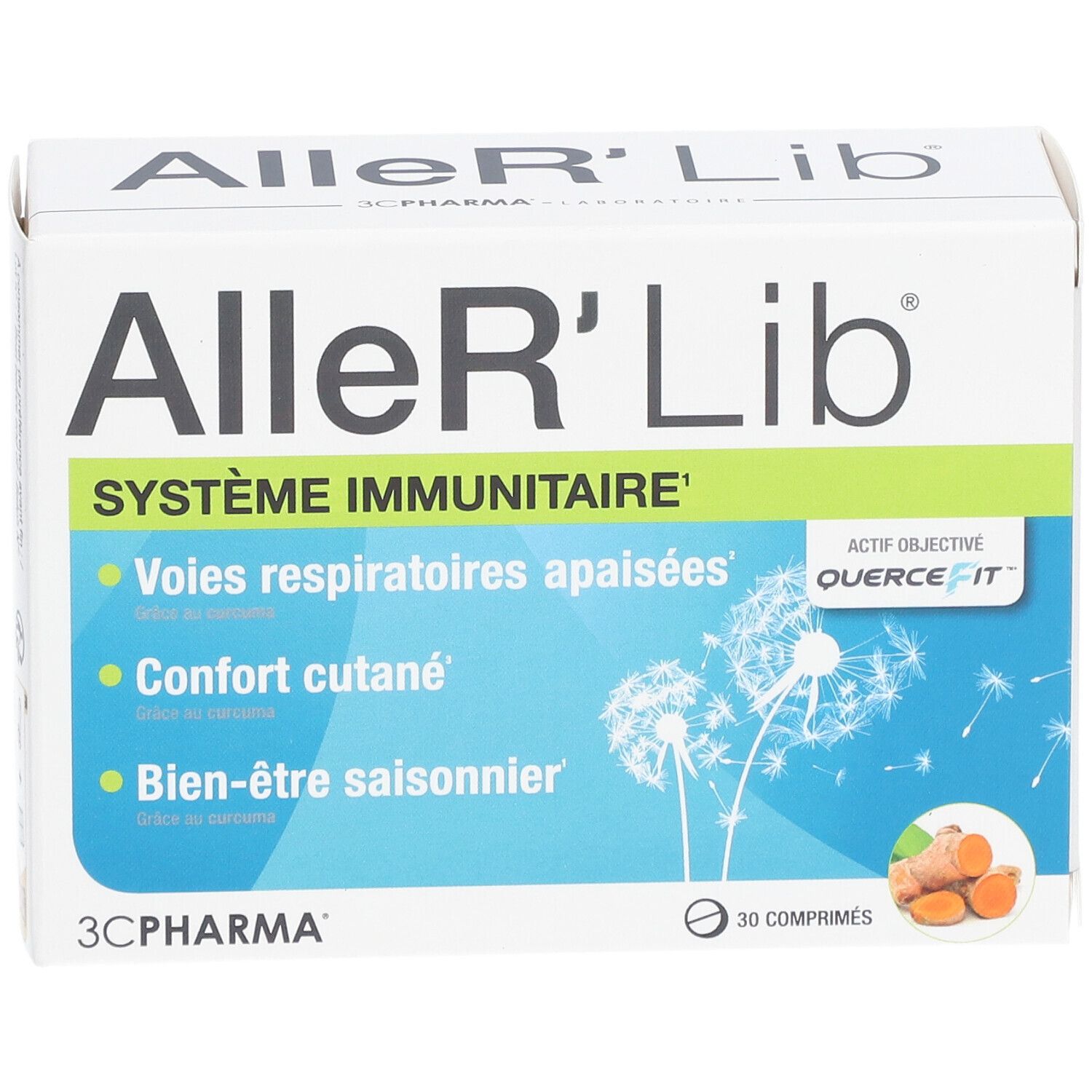 Boîte blanche avec nom du produit et 'Système immunitaire'. Contient 30 comprimés. Illustration de gingembre.