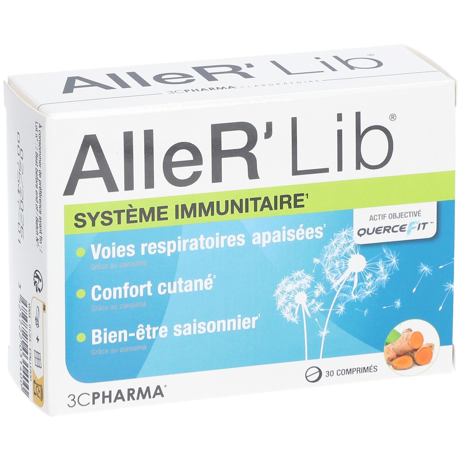 Boîte blanche avec nom du produit et 'Système immunitaire'. Contient 30 comprimés. Illustration de gingembre.
