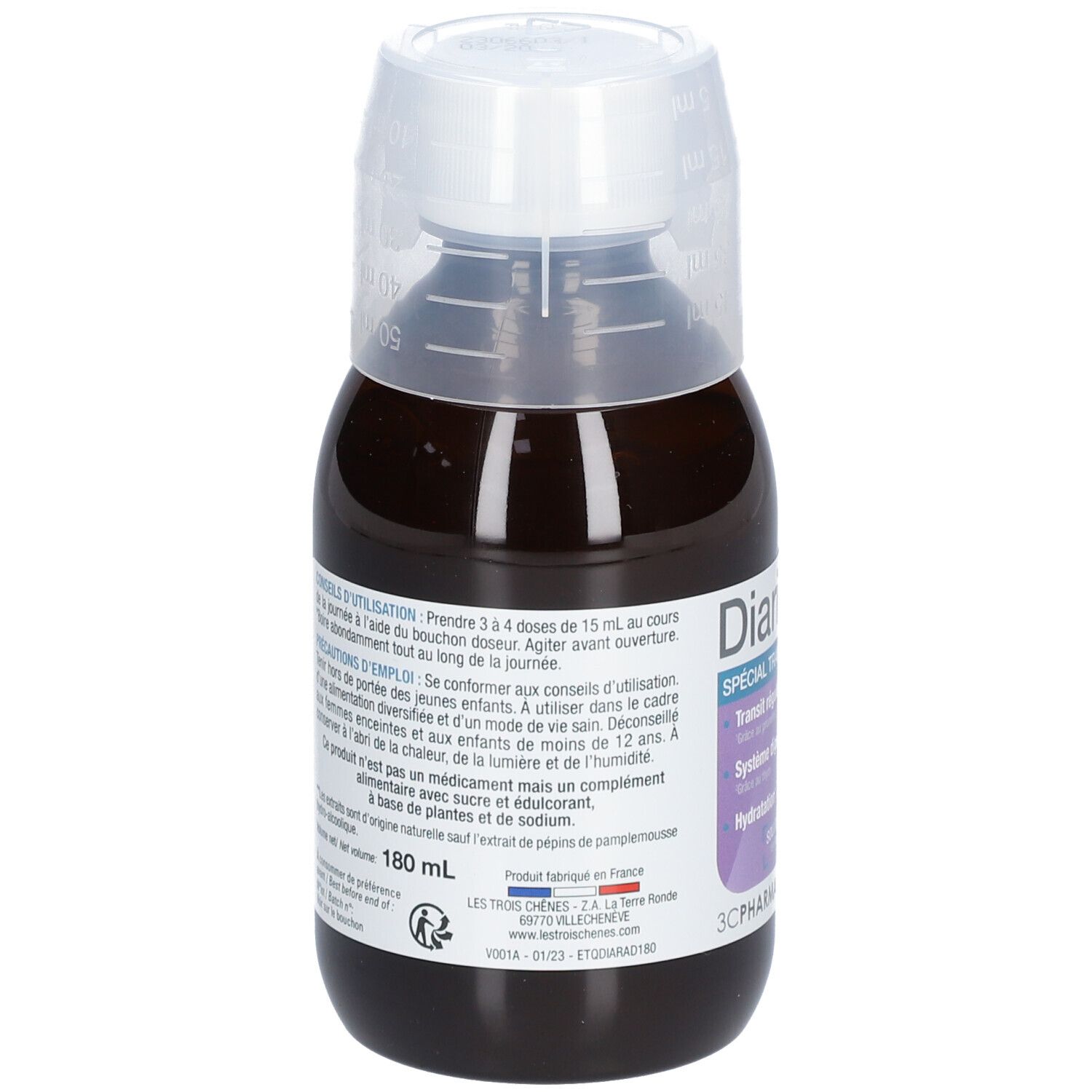 Dos d'une bouteille de liquide brun. Texte: Diarilium Spécial Transit, 180 ml, 3C Pharma.