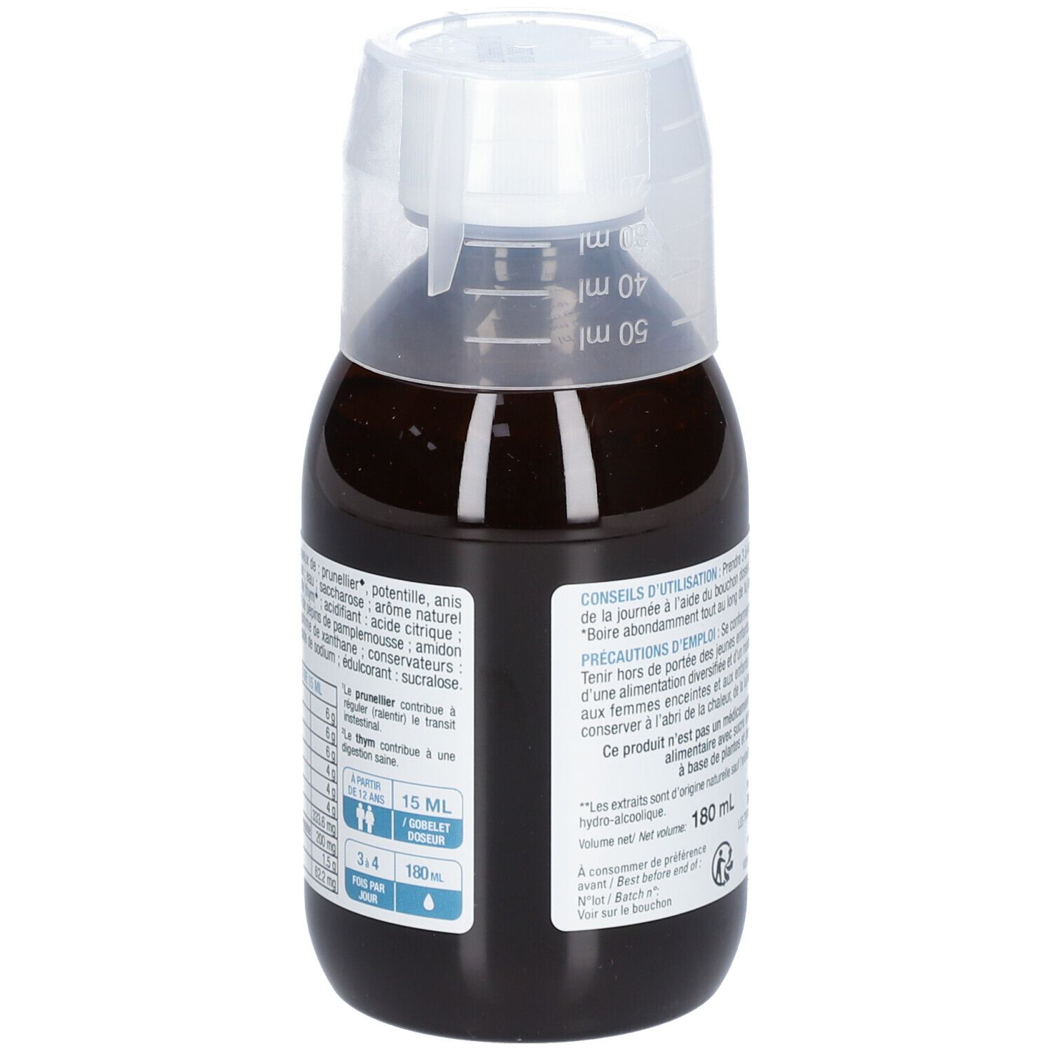 Dos d'une bouteille de liquide brun. Texte: Diarilium Spécial Transit, ingrédients, 180 ml.