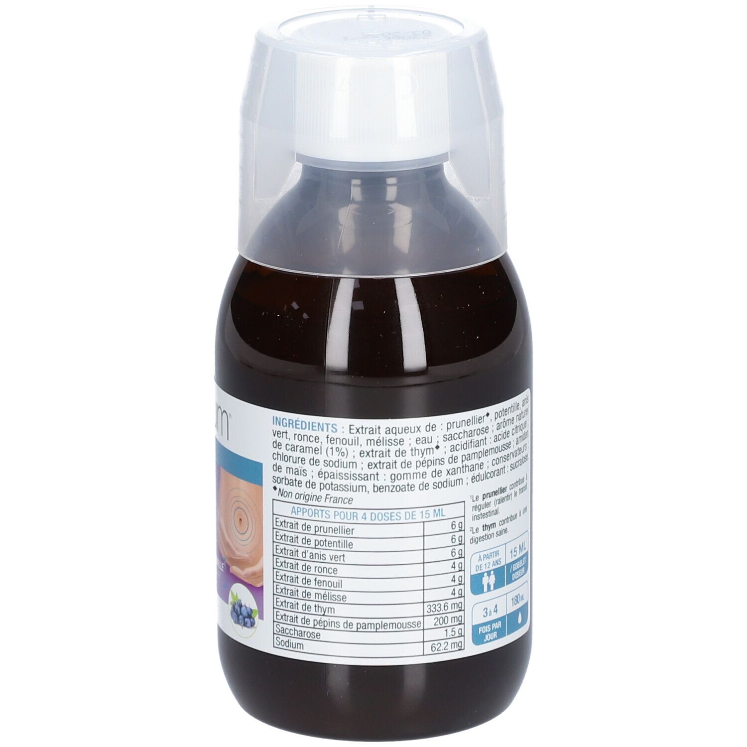 Dos d'une bouteille de liquide brun. Texte: Diarilium Spécial Transit, ingrédients, 180 ml.