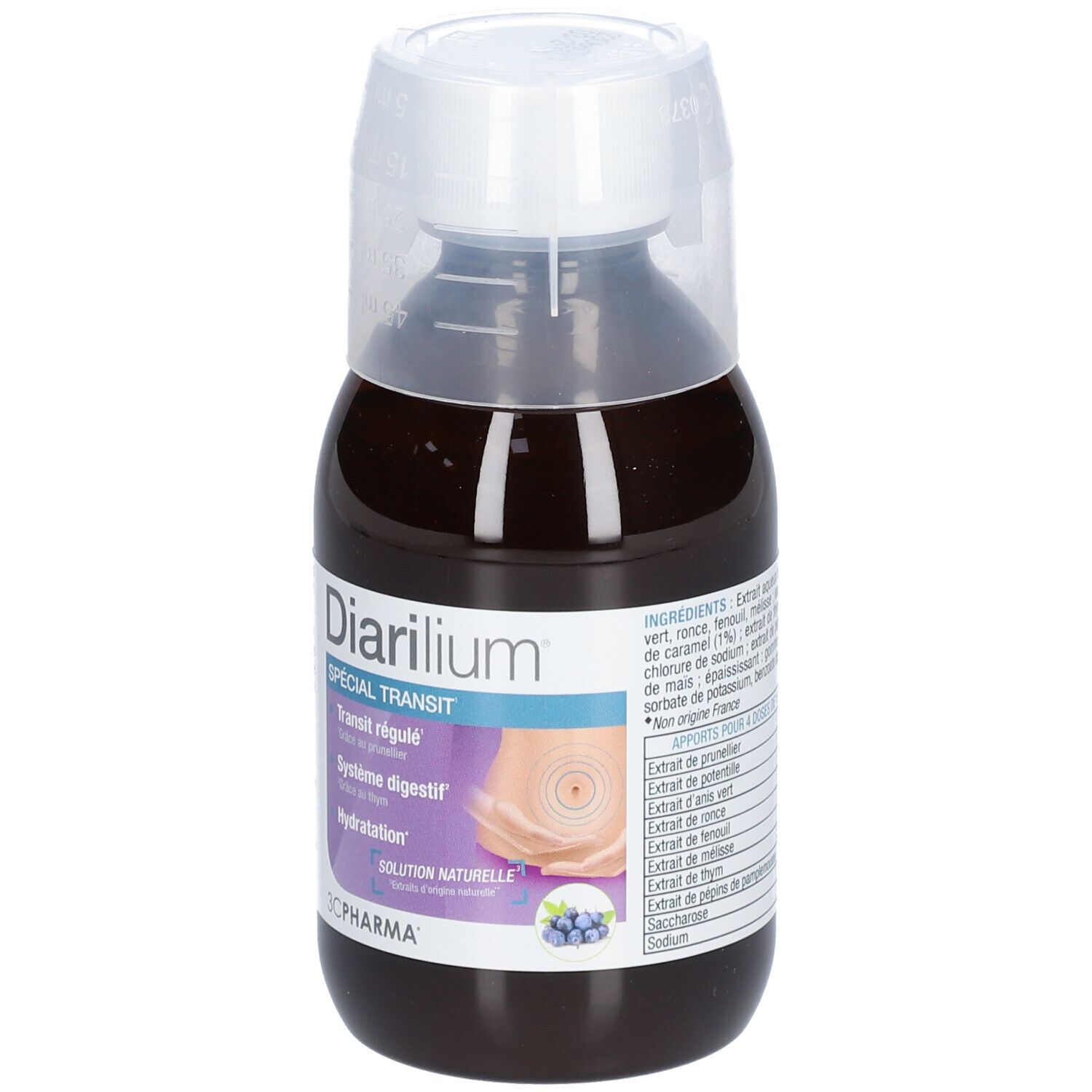 Flacon de liquide brun avec bouchon doseur. Inscription Diarilium Spécial Transit, 3C Pharma.