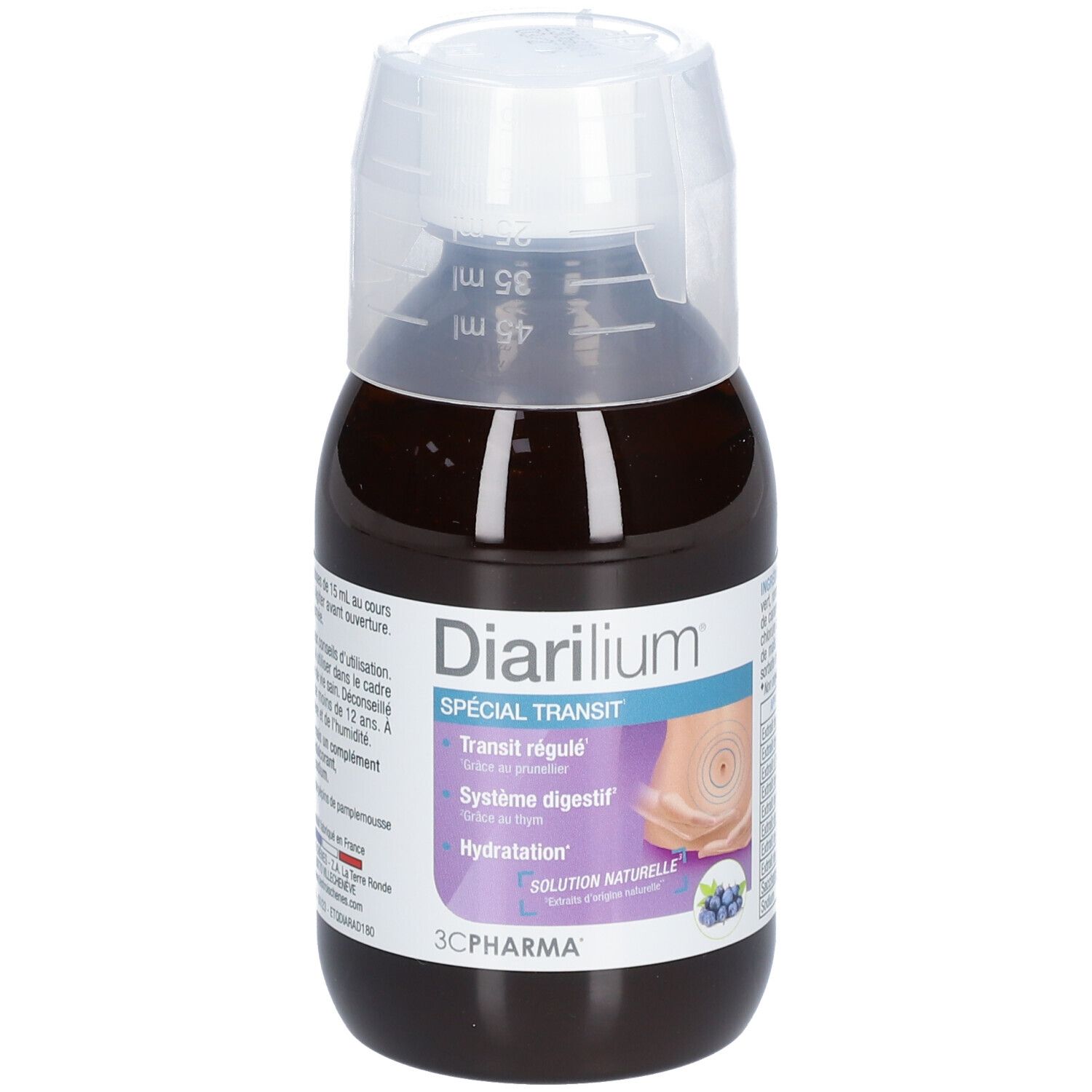 Flacon de liquide brun avec bouchon doseur. Inscription Diarilium Spécial Transit, 3C Pharma.