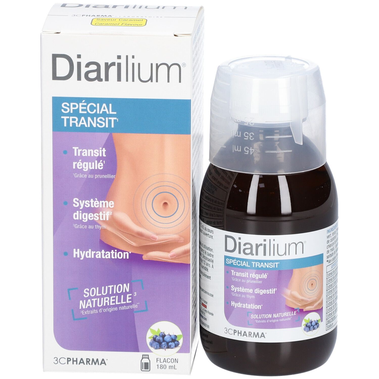 Emballage et flacon de liquide brun. Inscription Diarilium Spécial Transit, 3C Pharma.