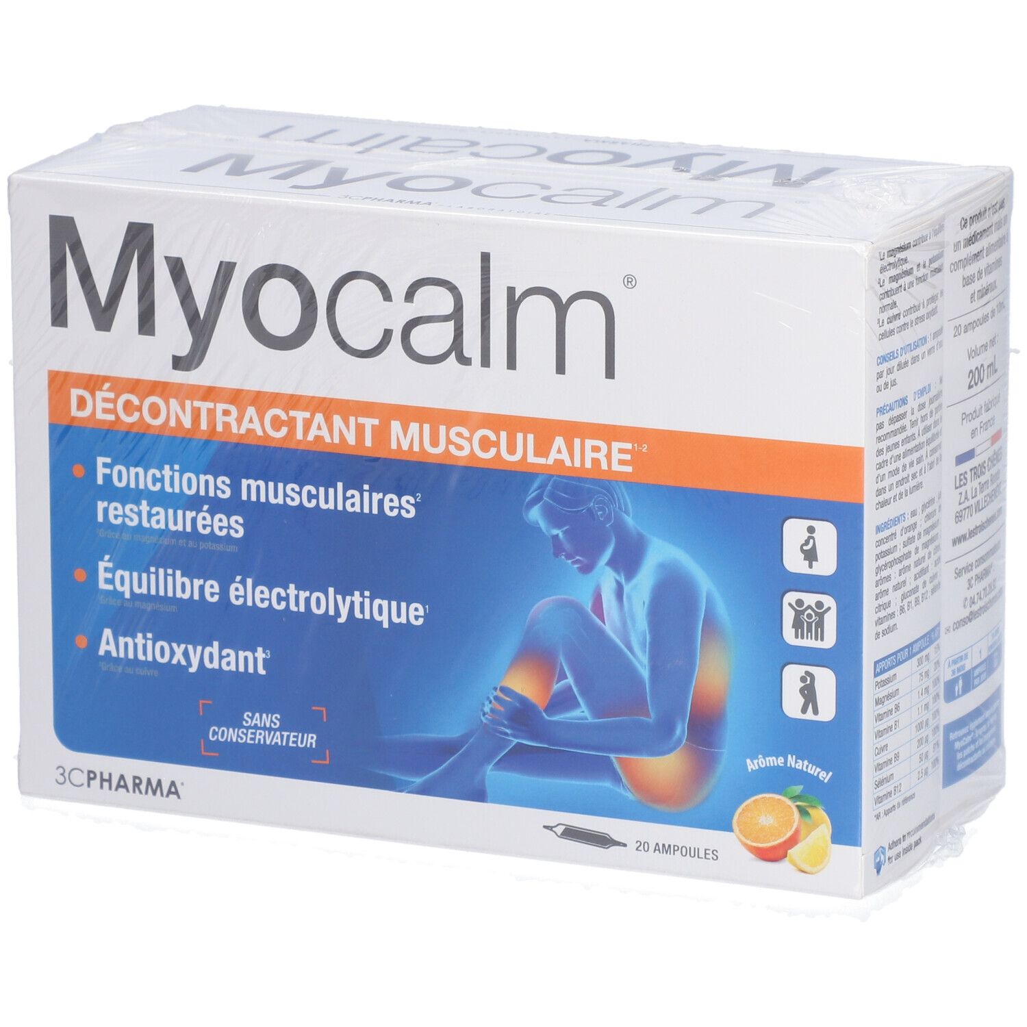 Verpackung von Myocalm. Weißer Karton mit Produktnamen und blauer Illustration. Enthält 20 Ampullen.