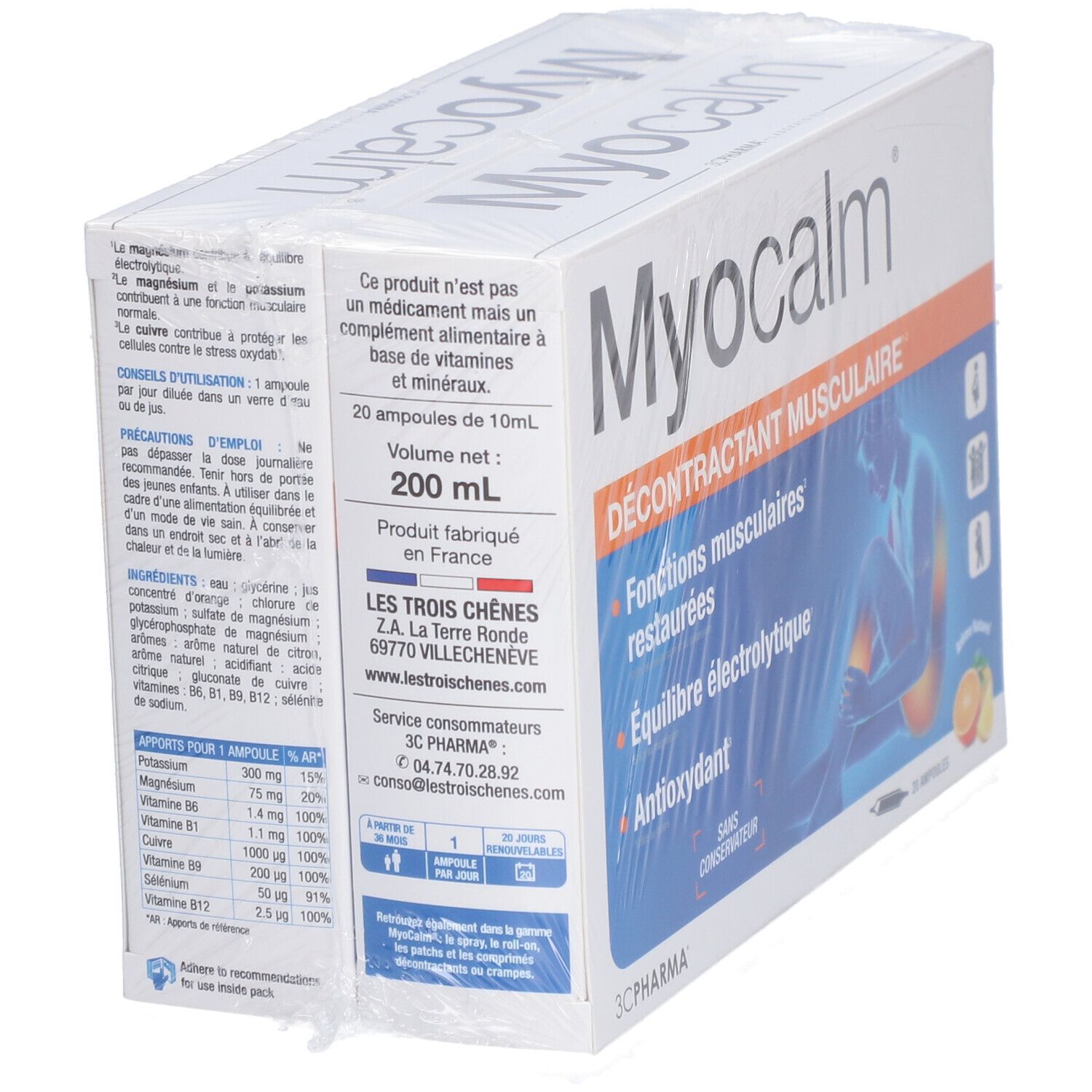 Schrägansicht der Myocalm-Verpackung. Weißer Karton mit Produktinformationen und Illustration. Text in Französisch.