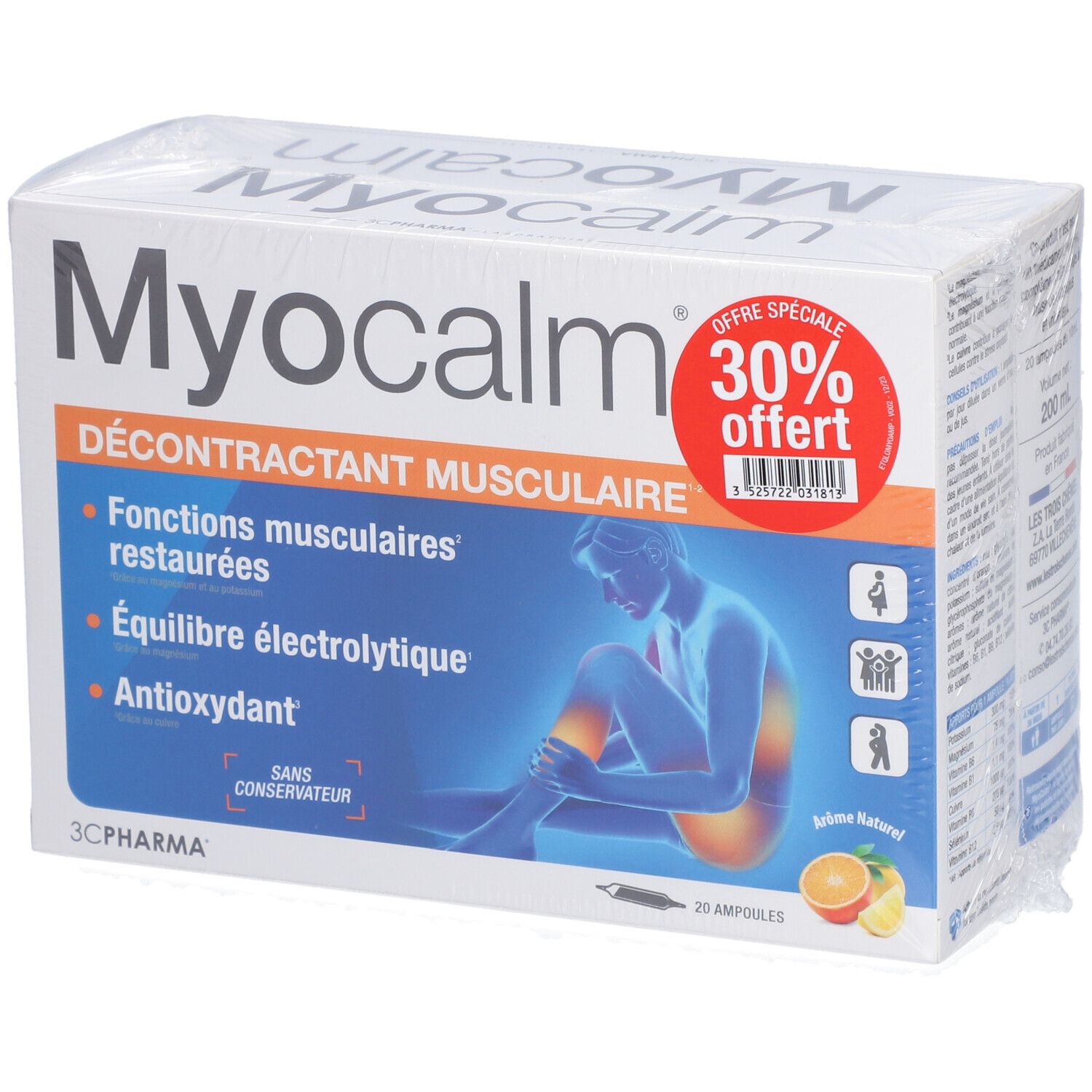 Myocalm-Verpackung mit 30% Rabatt-Aufkleber. Weißer Karton mit Produktnamen und blauer Illustration. 20 Ampullen.