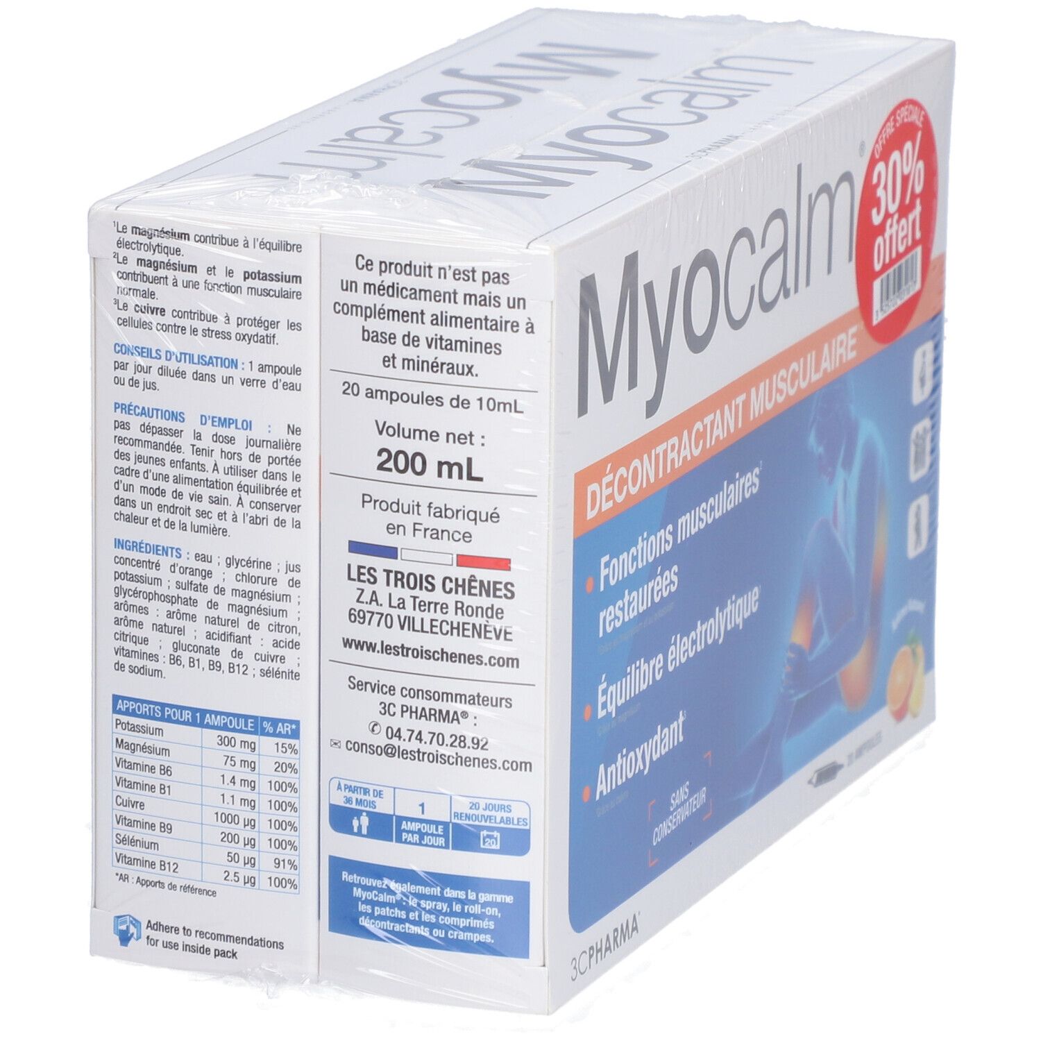 Schrägansicht der Myocalm-Verpackung mit Rabatt-Aufkleber. Weißer Karton mit Produktinformationen. Text in Französisch.
