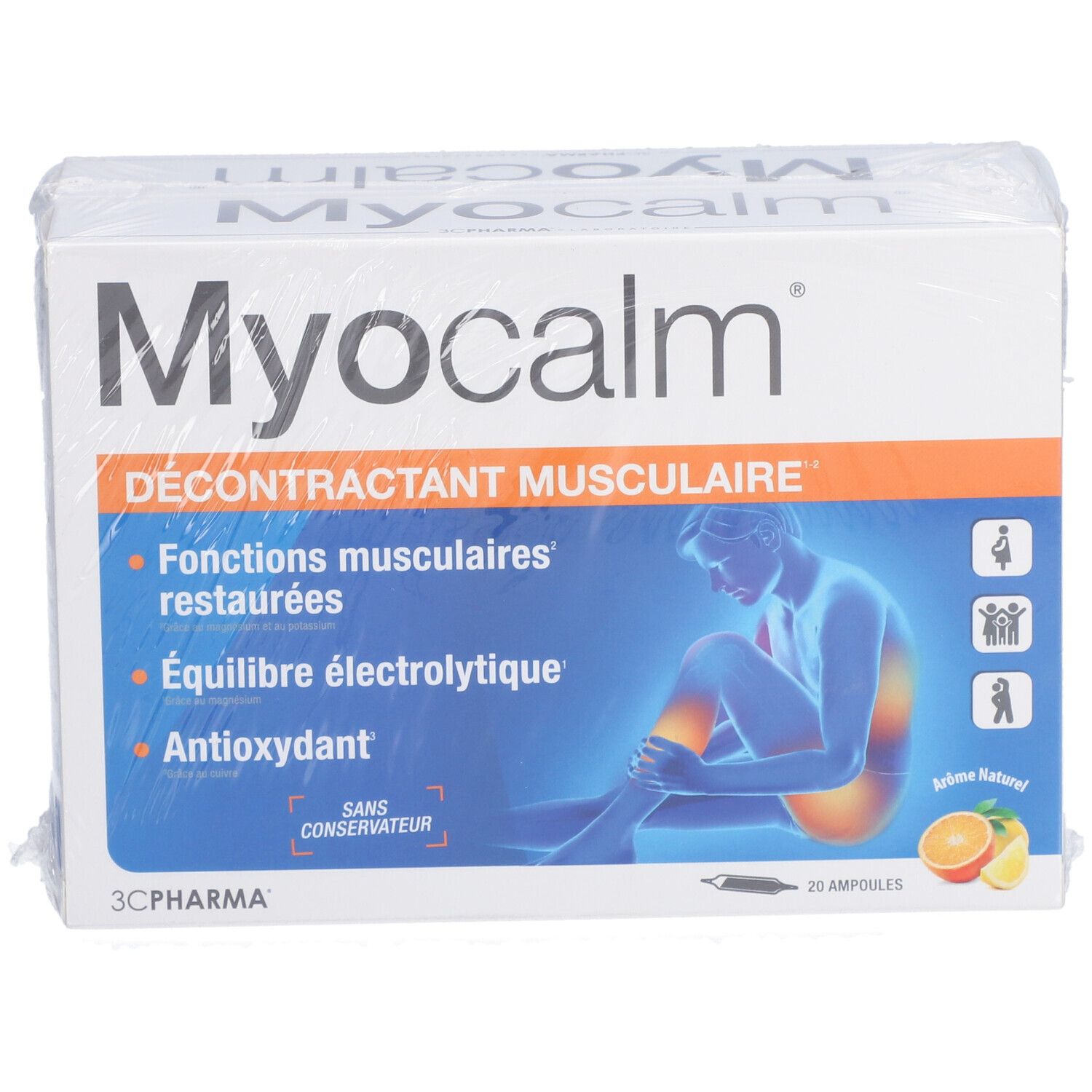 Myocalm-Verpackung. Weißer Karton mit Produktnamen und blauer Illustration. Enthält 20 Ampullen. Klarsichtfolie.