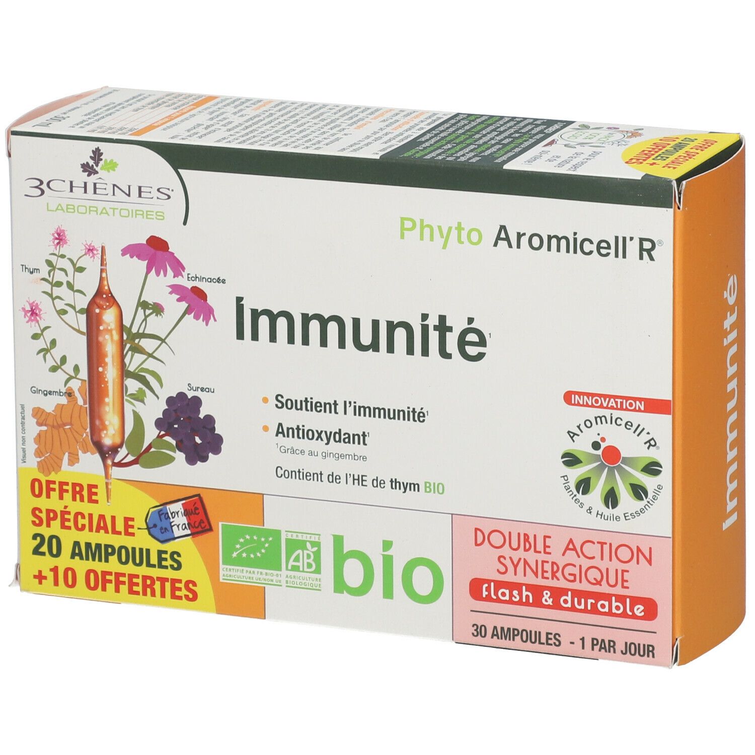 Boîte de produit avec logo et nom. Contient 30 ampoules. Certification bio. Offre spéciale avec ampoules supplémentaires.