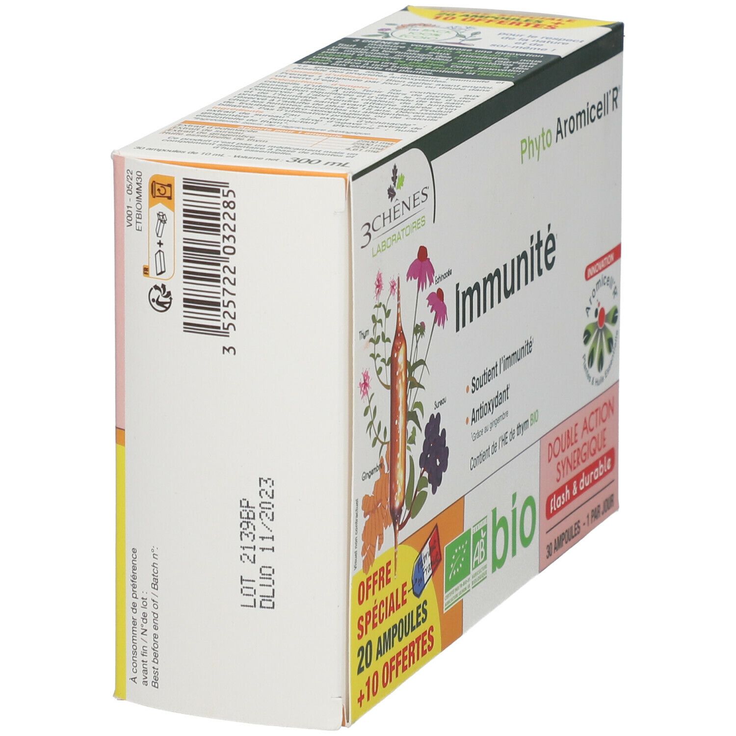 Vue latérale de la boîte du produit. Informations sur le lot et la date de péremption. Certification bio.