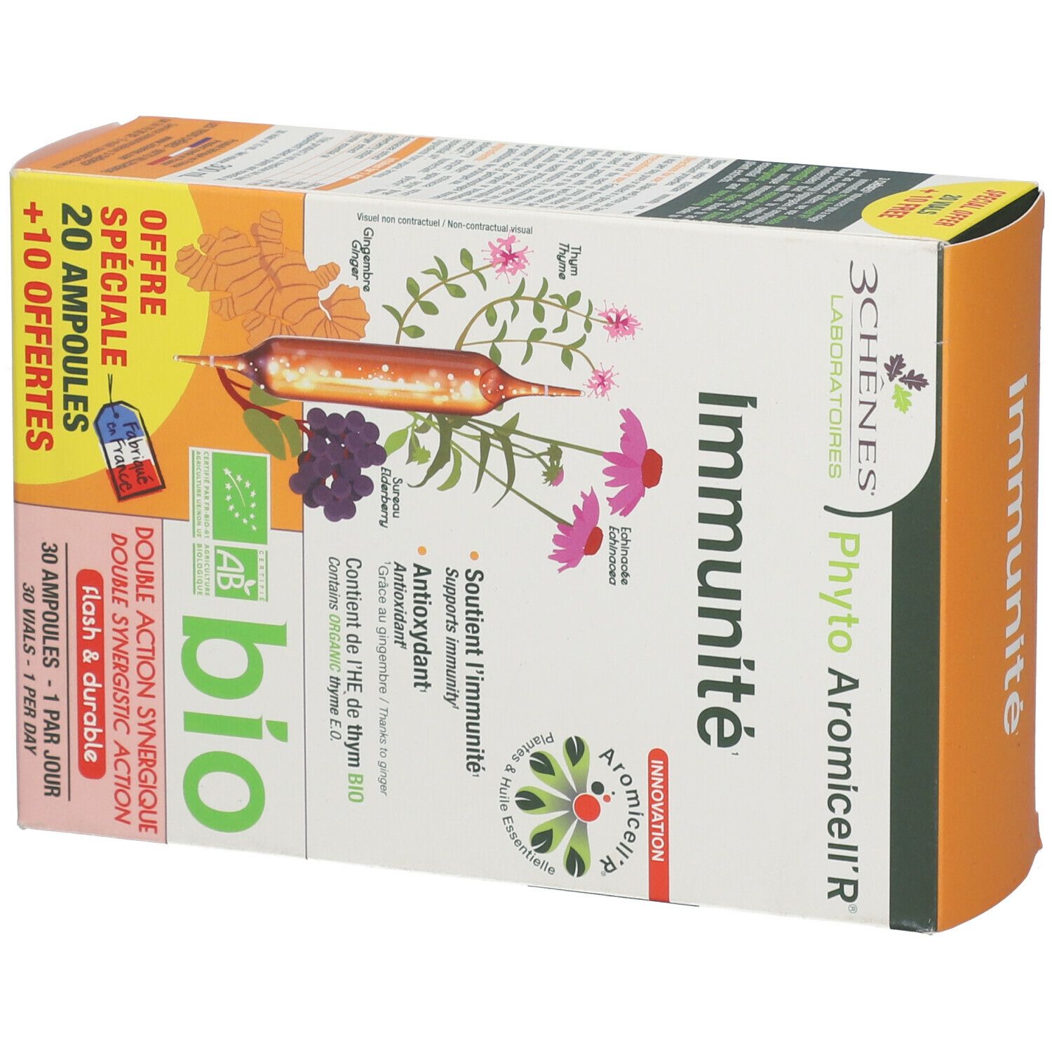 Boîte de produit avec logo et nom. Contient 30 ampoules. Certification bio. Offre spéciale avec ampoules supplémentaires.