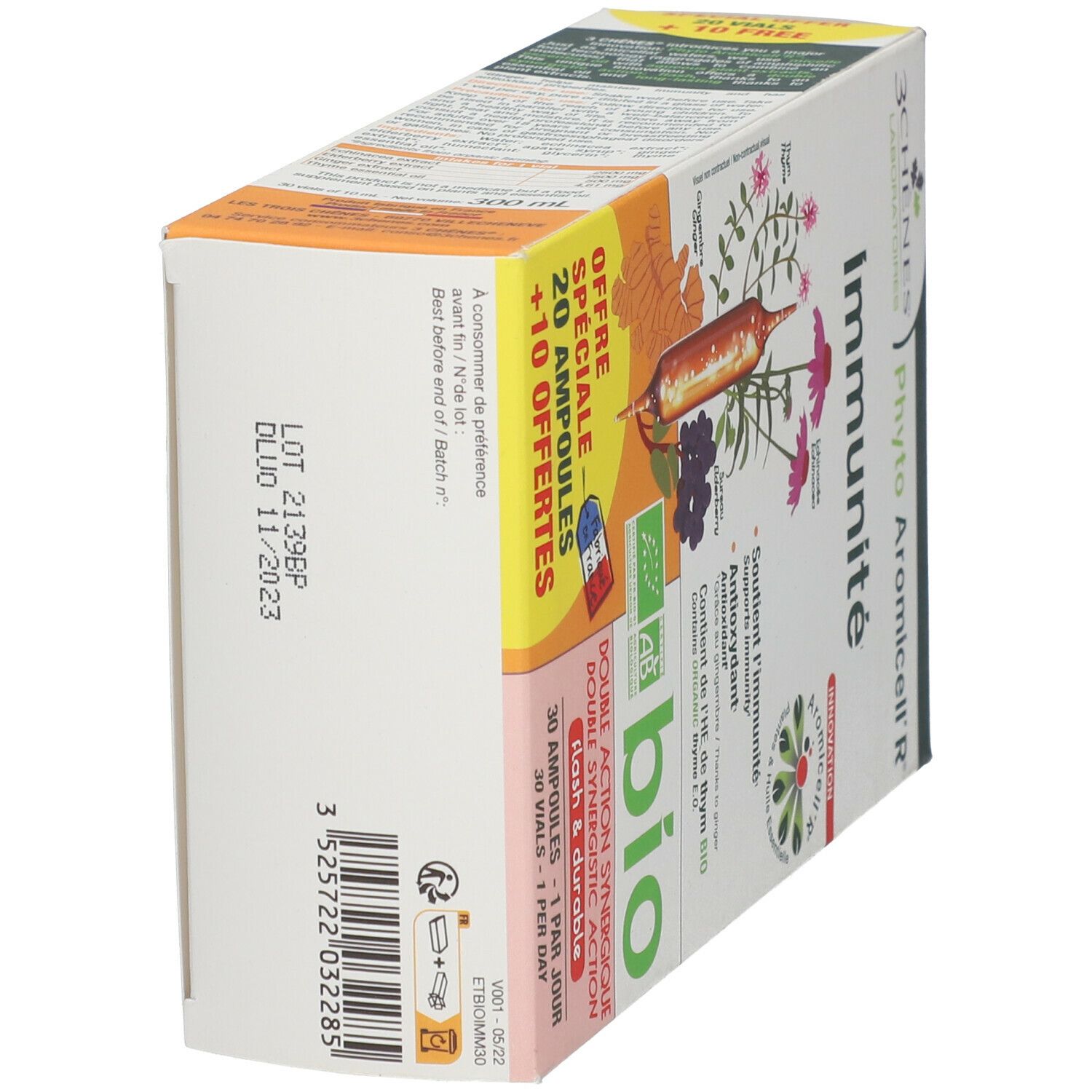 Vue latérale de la boîte du produit. Informations sur le lot et la date de péremption. Certification bio.